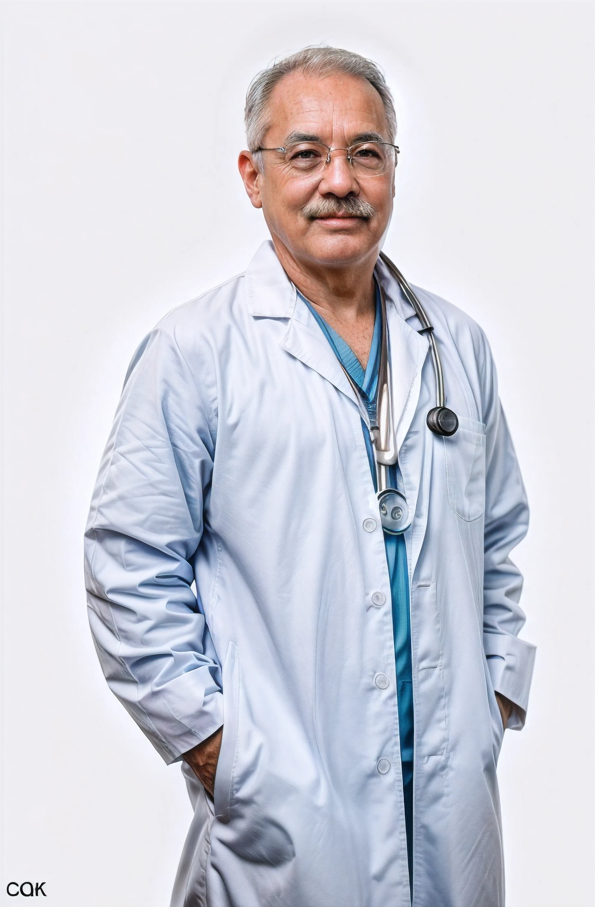 70 year old doctor with a stethoscope wearing white lab coat, com tshirt azul marinho por baixo, com oculos e bigode, cabelo grisalho, raw photo, amazing photograph, best quality, 8K, high quality, Ultra detailed, (best quality), (high detailed skin, full sharp:1.2), 8k uhd, dslr, detailed face