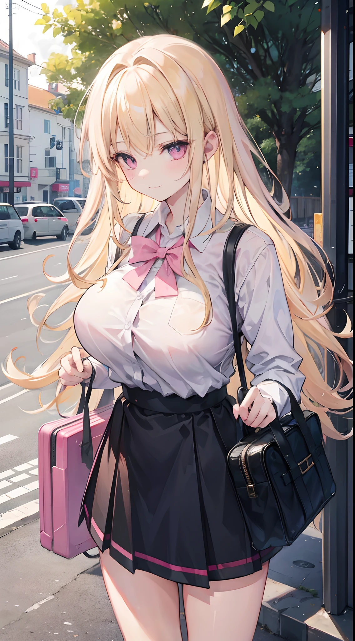Long blonde hair to the waist,Pink eyes,black school uniform,At the school gate,Next to the bus stop,Buses passed,Stuck with the issuing card,Ruffled his hair,Holding a pink suitcase in his hand,Long legs,huge tit,and the sun was shining brightly,chiquita,Quiet girl,Cute and innocent girl,Innocent and gentle smile