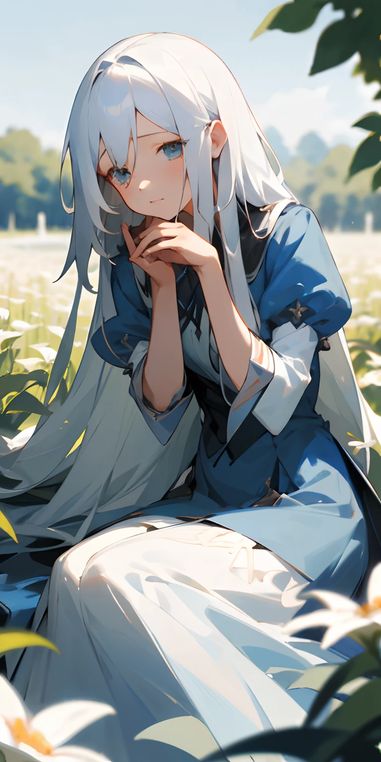 (tmasterpiece,best qualtiy),1 girl with long white hair sitting in a field of greenery and flowers,her hand under her chin,warmly lit,azure
dress,Blurred foreground