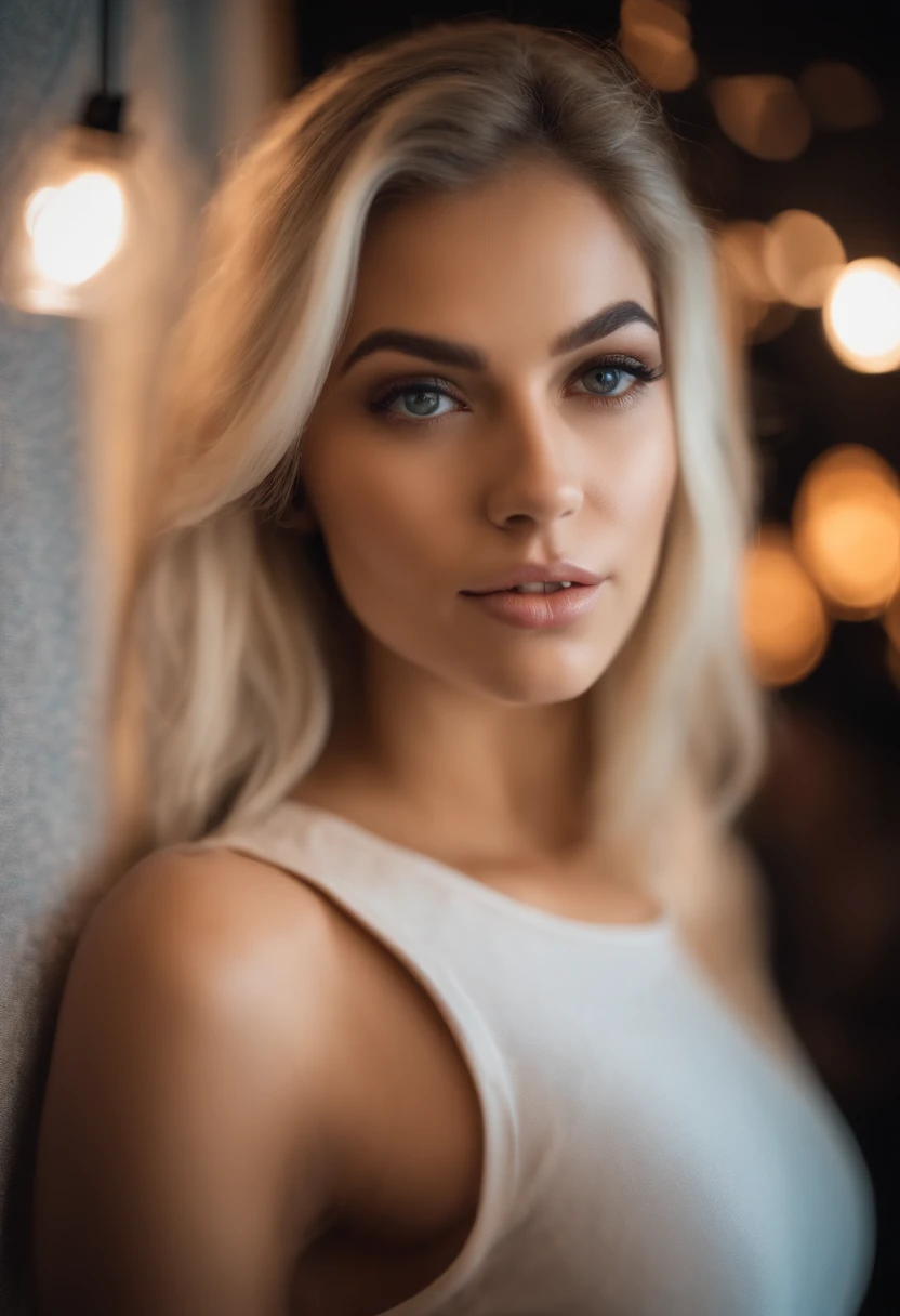 Latino blonde woman with matching tank top and skirt posing in a nightclub, fille sexy aux yeux bleus, Portrait Sophie Mudd, blur background, Best quality, 1fille, Portrait de Corinna Kopf, cheveux blonds et grands yeux, selfie of a young woman, ohne Maquillage, maquillage naturel, Look directly into the camera, Visage avec Artgram, dezentes Maquillage, Superbe photo du corps entier, dans la chambre, gros seins, Blonde, Latin