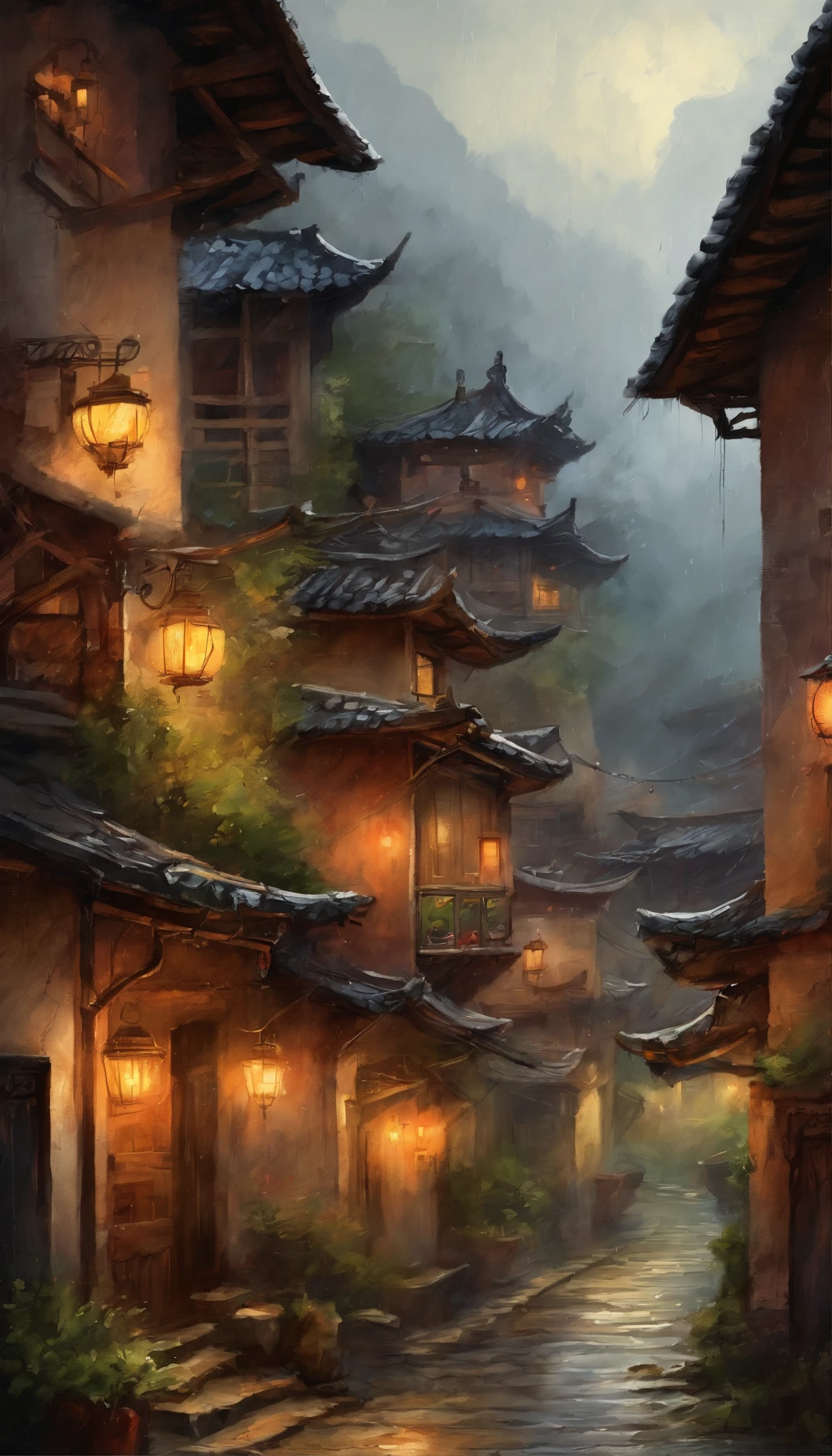 arafed view of a village with a lot of lights on the buildings, dreamy chinese town, chinese village, amazing wallpaper, japanese town, japanese village, hyper realistic photo of a town, old asian village, japanese city, by Raymond Han, rainy evening, cyberpunk chinese ancient castle, beautifully lit buildings, at evening during rain, beautiful and aesthetic, photography, cinematic, 8k, high detailed ((Heavy rain)))