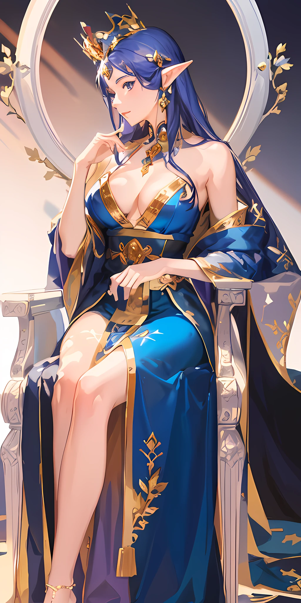 arafed woman in a blue dress sitting on a throne with a sword, a beautiful fantasy empress, ((a beautiful fantasy empress)), royal elegant pose, on her throne, anime goddess, sitting on her throne, extremely detailed goddess shot, regal pose, beautiful and elegant elf queen, goddess. extremely high detail, sitting in a gilded throne, ornate cosplay