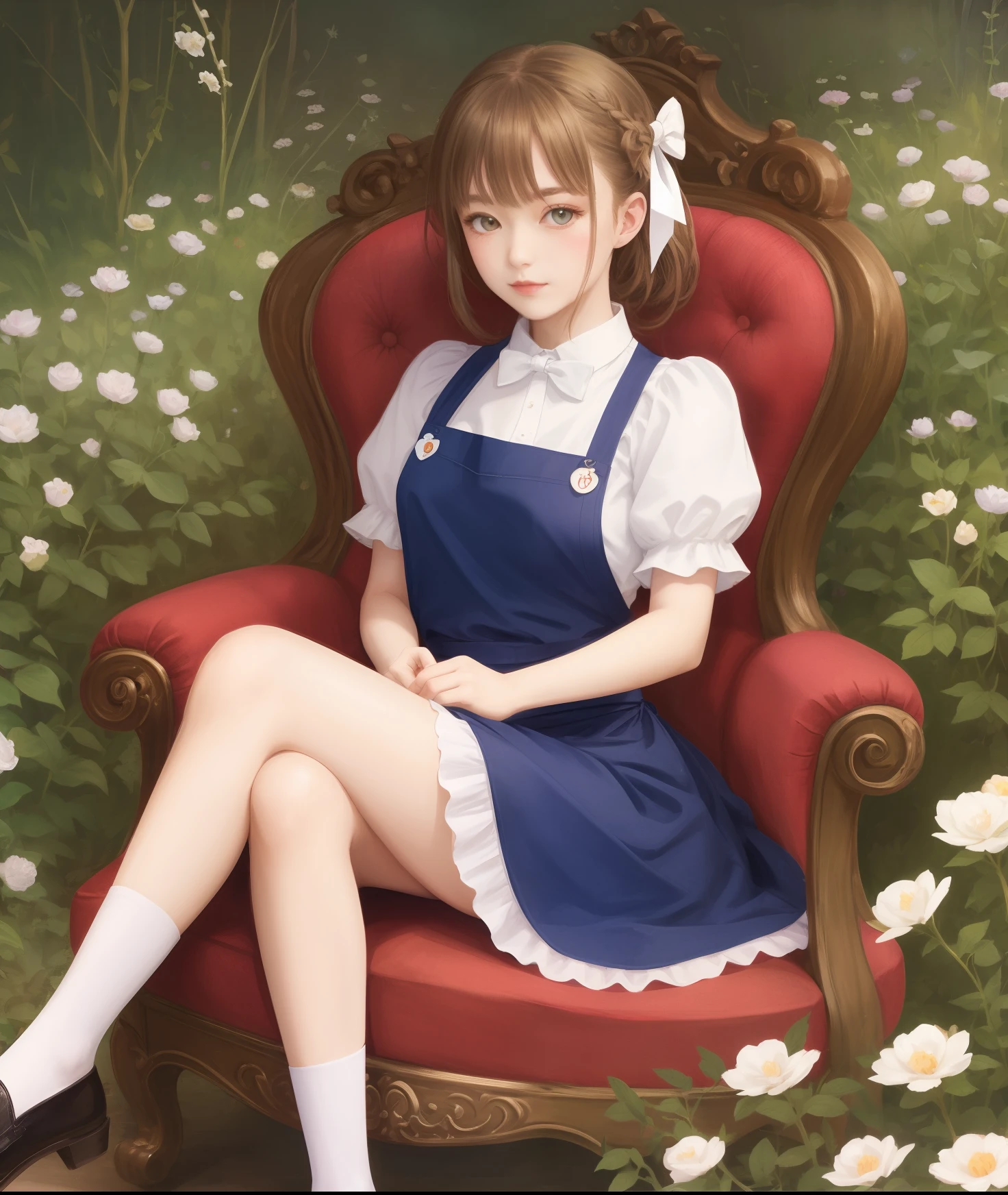 Alice im wunderland, sitzt, Thron, blaues klein, White apron, White bow in hair, braune haare, Legs crossed