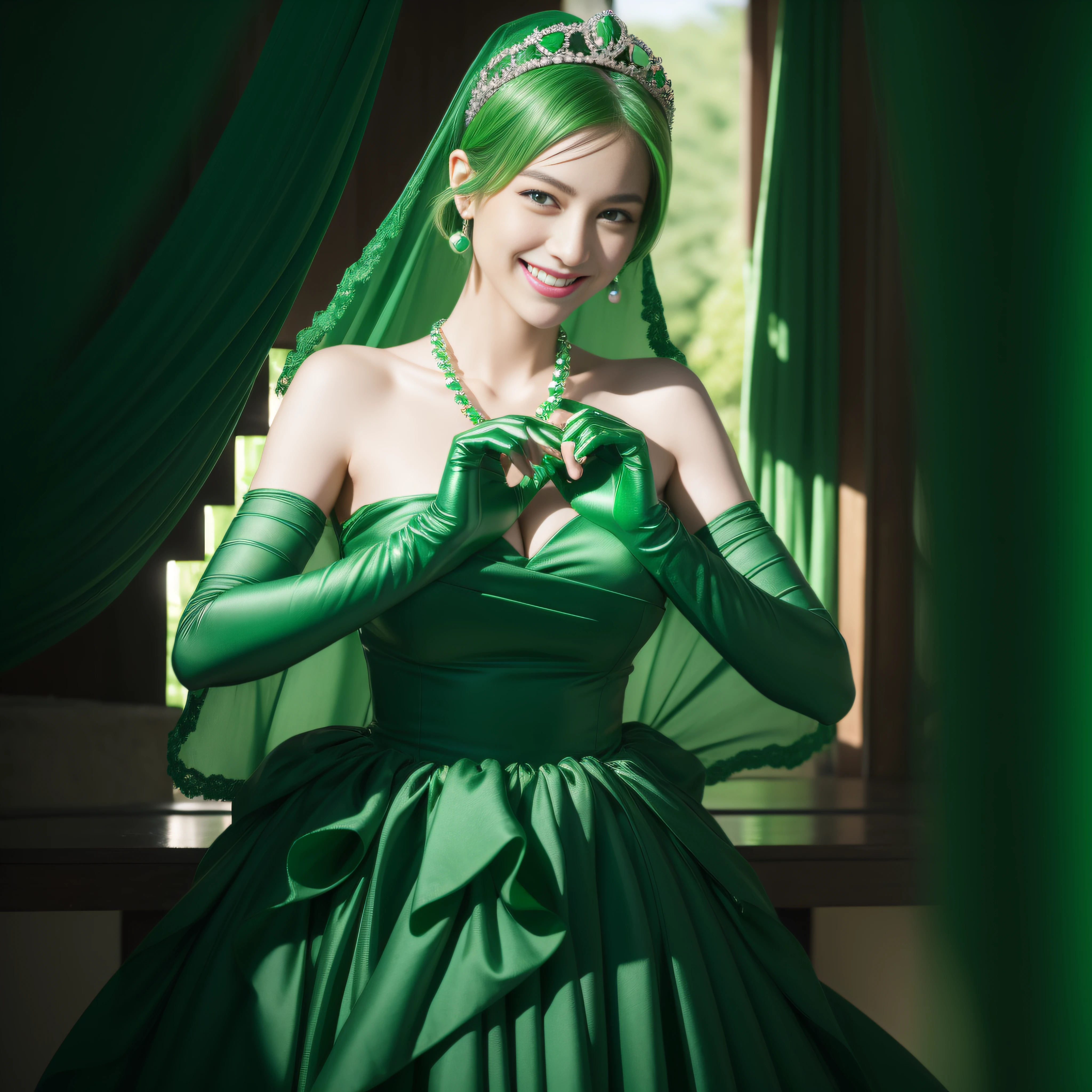 emerald tiara, Green Pearl Necklace, Boyish very short green hair, lipsticks, Japan woman smiling, very short short hair,  big breasts beautiful, Green eyes, Long green gloves made of satin material, Green eyes, Emerald Earrings, green vale, Heart with both hands,Green hair