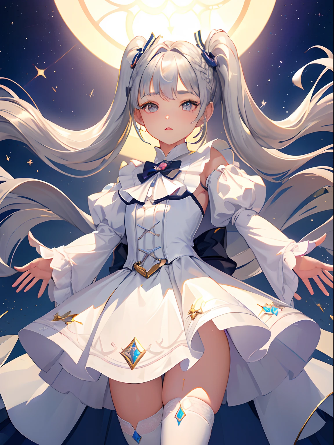 [(transparent backround:1.5)::5],(((tmasterpiece))),(((top-quality))),(((The is very detailed))),illustratio, 1girl in,独奏,vivd colour,white stockings，Translucent stockings，white color hair,closeup cleavage,Dynamic actions,Lens perspective, Volumetriclighting, multi colored eyes, A detailed eye, ultra - detailed、The is very detailed、Beautiful fece、detaile、ultra - detailed、top-quality、twists、4K、8K、trending on artstationh、Superior anatomy、beautiful light up、(ar old:),(pigtail hair:1.2),(Long hair:1.4),(Silvery hair:1.5),(Silver eyes:1.5),（Small breasts(Bee cup):1.5),(child),cal little girl:ecadent，Godless，artwork of a
