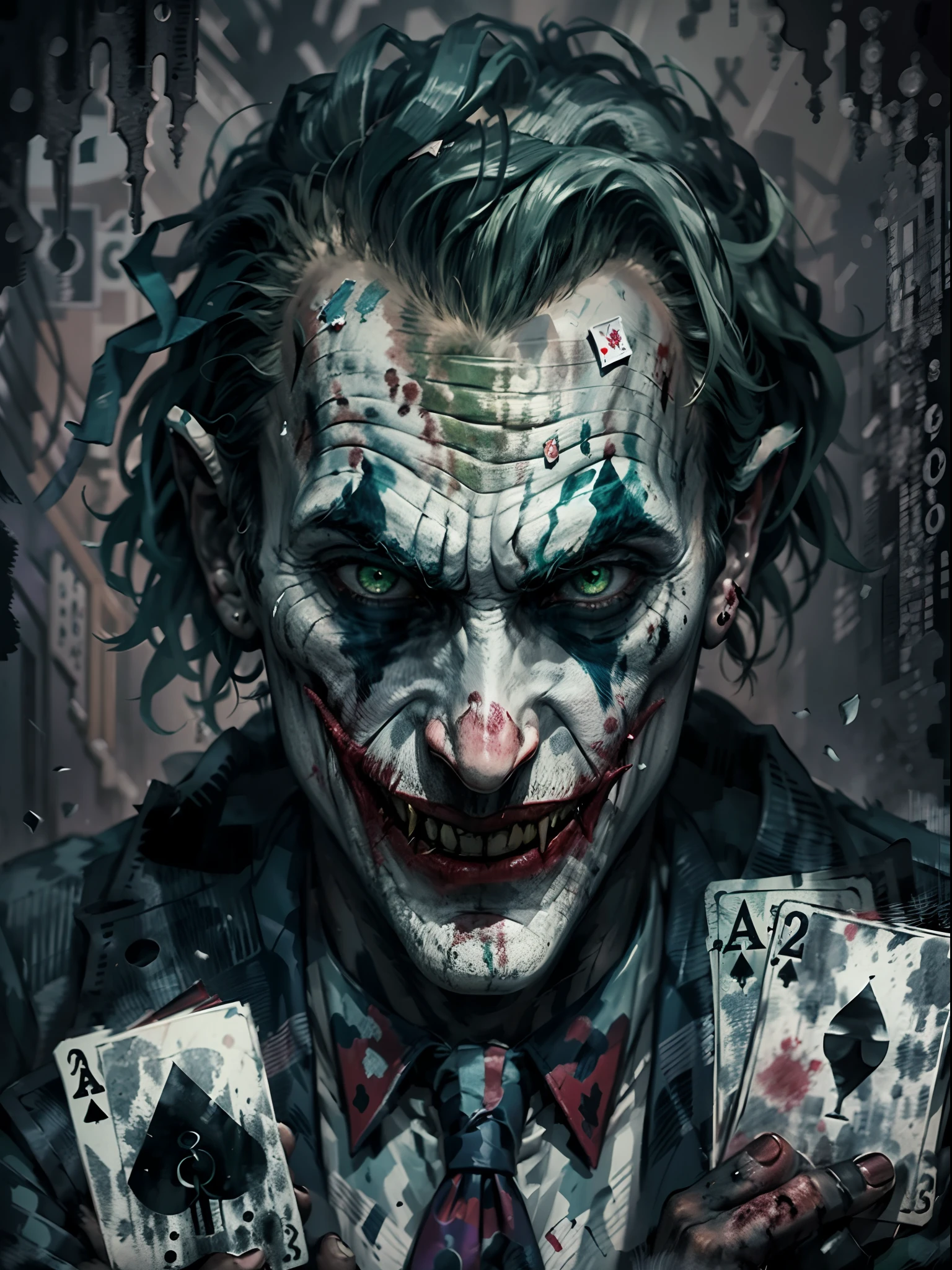 upper body image of joker,HP.lovecraft style,black and white,menacing atmosphere,bizarre expressions,emerald eyes,fangs,bloody red lips,disheveled green hair,distorted face details,long nose,ragged purple suit,tattered playing cards in the background,dark and eerie lighting,horror portrait,vivid contrast,HDR,high-res details,fear-inducing presence,otherworldly elements