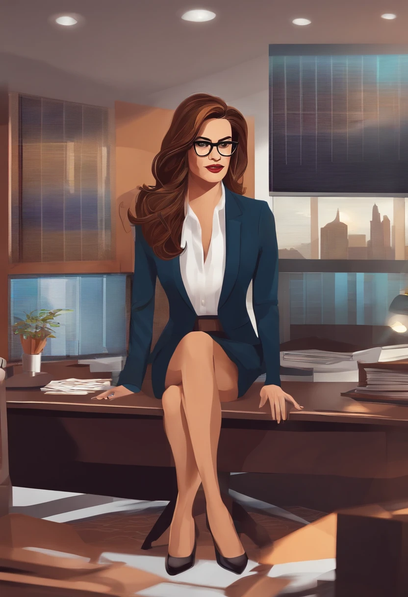 detailed background, office, best quality, 1 businesswomen , straight hair, short hair, blues eyes, business suit, glasses