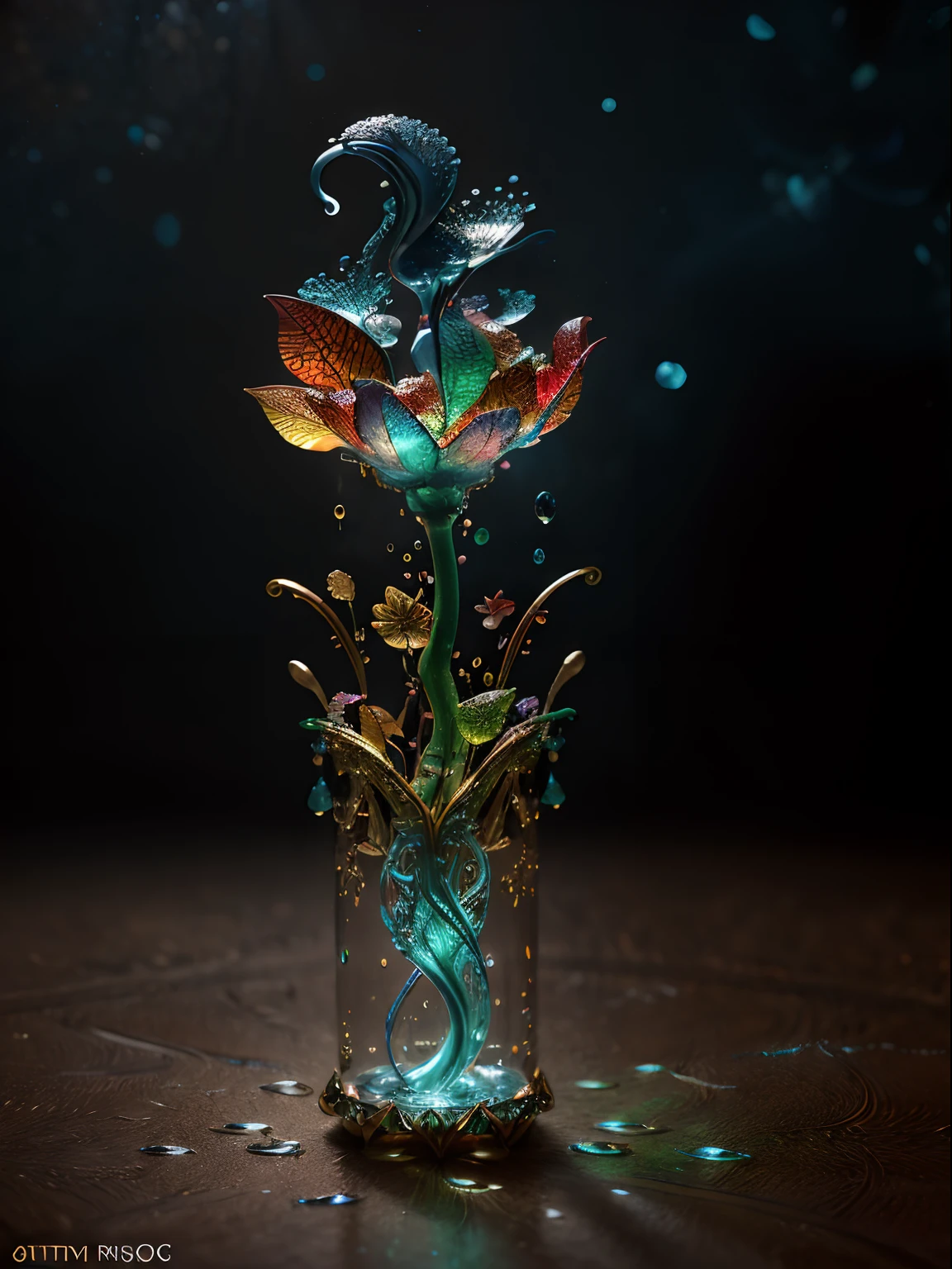 Cute magical creatures, Liquid structure, flying petal, Splash, Fantasy background, Intricate patterns, Ultra detailed, red and blue,green and gold, luminous, Radiance, ultra-realistic realism, Complex details, Intricate details, 16k, hdr, High quality, trending on artstationh, Sharp focus, studio photo, Intricate details, Highly detailed, mysterious