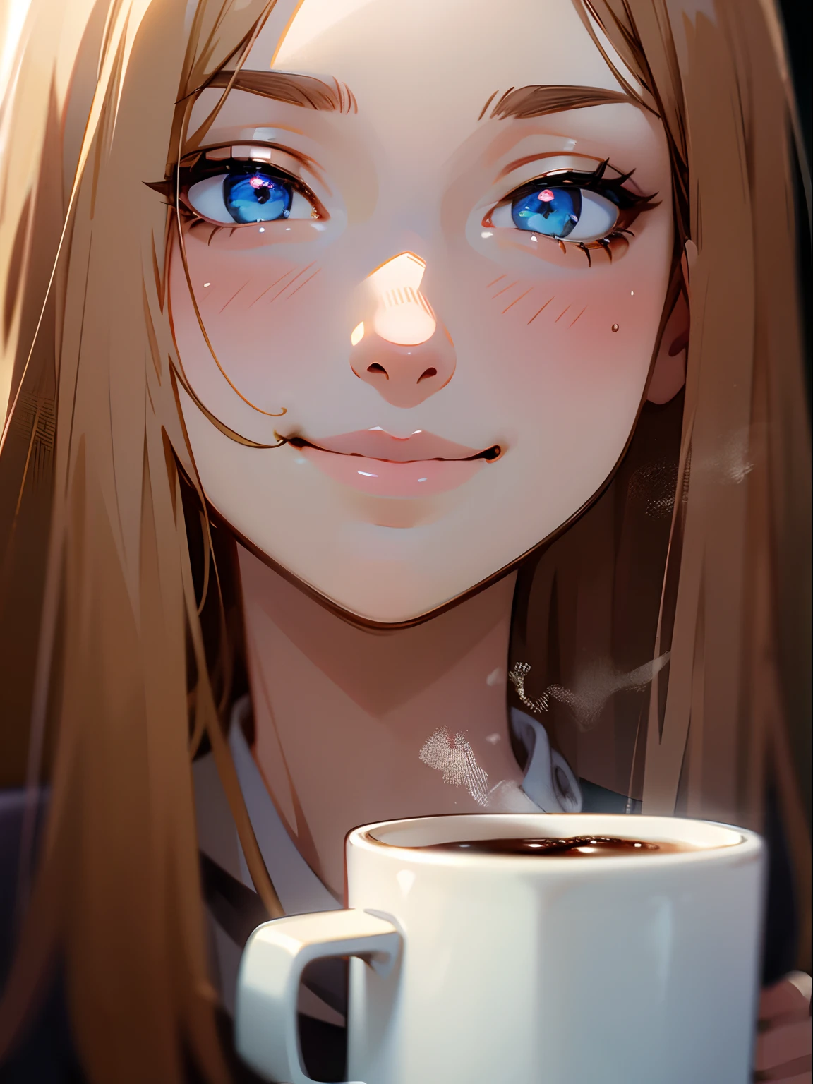 coffee shop, coffee, A masterpiece, bestquality, Exquisite Face, slim, face lights, Cinematic lighting, Professional lighting, brightly colored, crisp focus, highres, shooting imaging, hyperrealistic, ultra-detail, sharp details, finely detail, half body portrait, kawaii, full entire body, Coffee brewing, coffee, smirk,