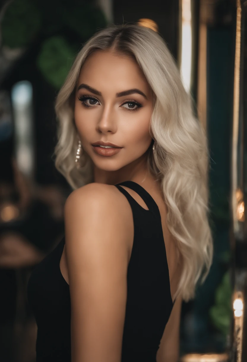Black woman with matching tank top and skirt posing in a nightclub, fille sexy aux yeux bleus, Portrait Sophie Mudd, blur background, Best quality, 1fille, Portrait de Corinna Kopf, cheveux blonds et grands yeux, selfie of a young woman, ohne Maquillage, maquillage naturel, Look directly into the camera, Visage avec Artgram, dezentes Maquillage, Superbe photo du corps entier, dans la chambre, gros seins, Blonde, Latin