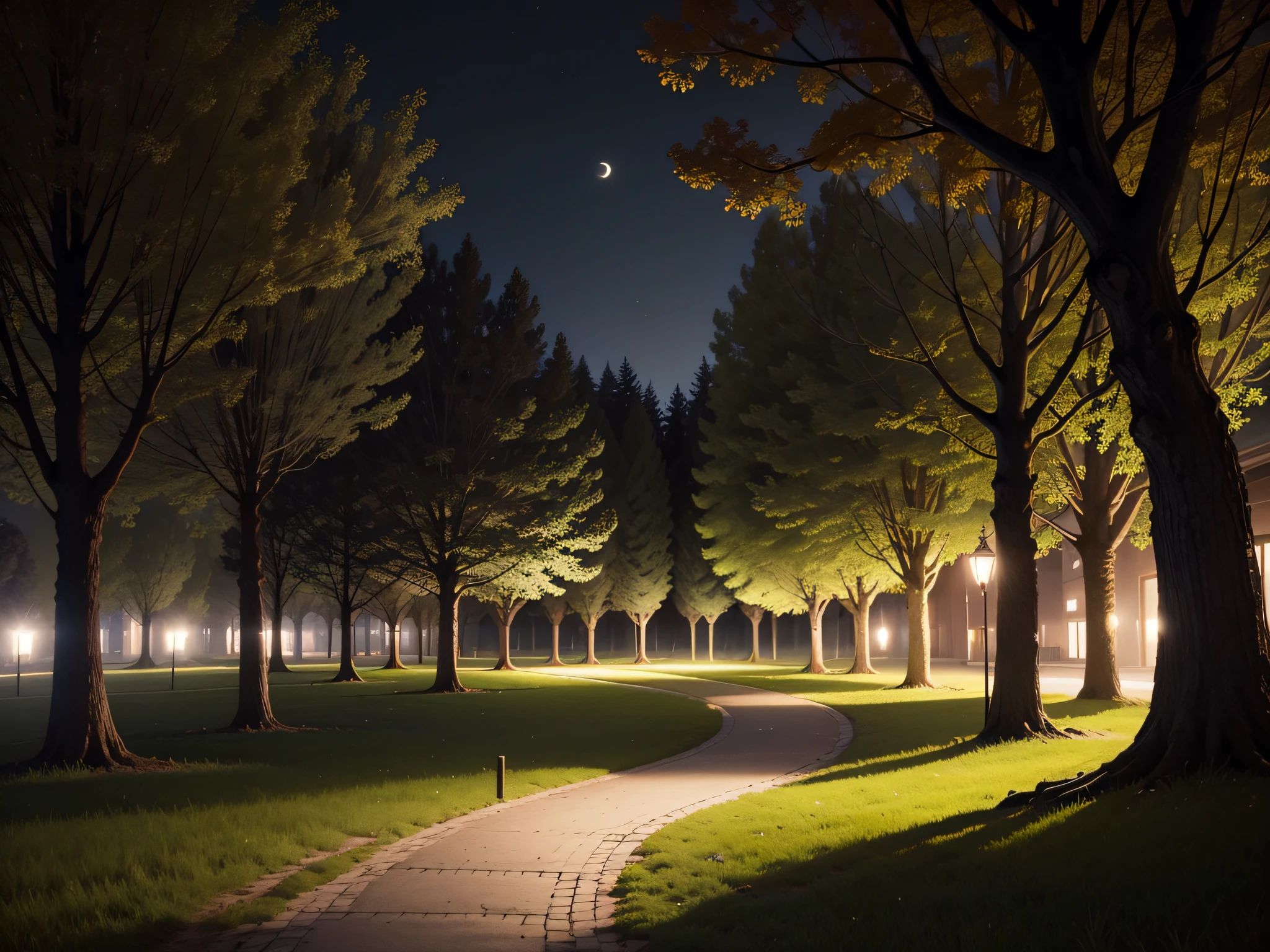 Small tree-lined park,the night,Low light,Scary atmosphere