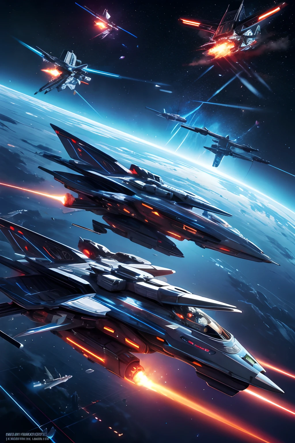 detailed sci-fi flying space battleships fighting, lasers, two fleets, one image