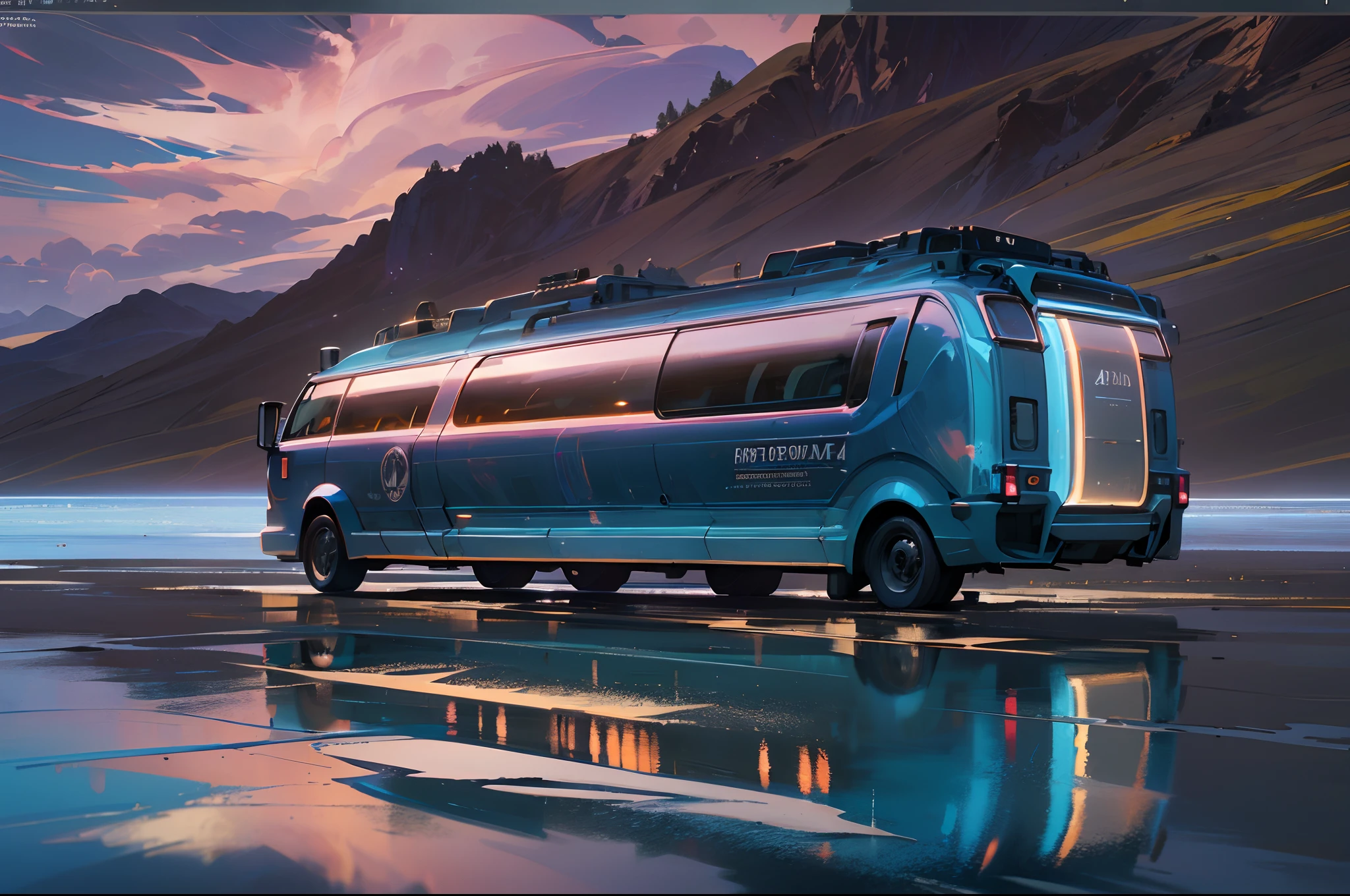 Electro-optical effects,Anti-tech,(Best quality,4K,8K,A high resolution,Masterpiece:1.2),Ultra-detailed,(Realistic,Photorealistic,photo-realistic:1.37),Cessca,High-tech,Sci-fi,Futuristic large truck-style campervan,Amazing high-tech motorhome concept,Unique aesthetics,Seamlessly blends in with the unique aesthetic of Planet Cybertron,metallic luster,streamlined line design,Impressive silhouette,Sparkling surface,glistening body,Large windows,Spectacular panorama,sweeping vista,azure blue water,Fluffy clouds,The vast Salo River of Uyuni,Awe-inspiring reflections in the sky,Engaging reflection,Vivid and breathtaking landscape,Perfect photo opportunity,Gorgeous color scheme,Breathtaking sunset tones