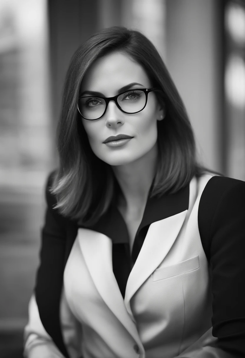 1 businesswomen , straight hair, short hair, blues eyes, business suit, glasses