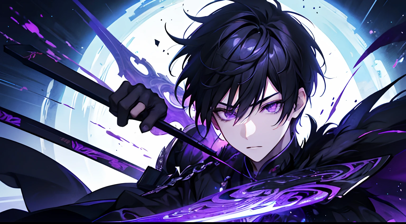 Asian Human, Male , 8k Quality ,fighting enourmous demon-like human with dark aura and purple eyes , weilding greatsword, wearing black iron armor, black hair anime, best quality