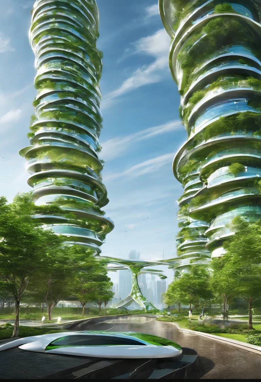 (Spiral camper with lots of trees on top), vincent callebaut, two organic looking towers, futuristic tower, vincent callebaut composition, green architecture, futuritic high tech architecture, sustainable architecture, twisted giant tower, Futuristic architecture, futuritic architecture, futuristic skyscrapers, futuristic architecture concept, Unique architecture!, organic architecture, circular towers