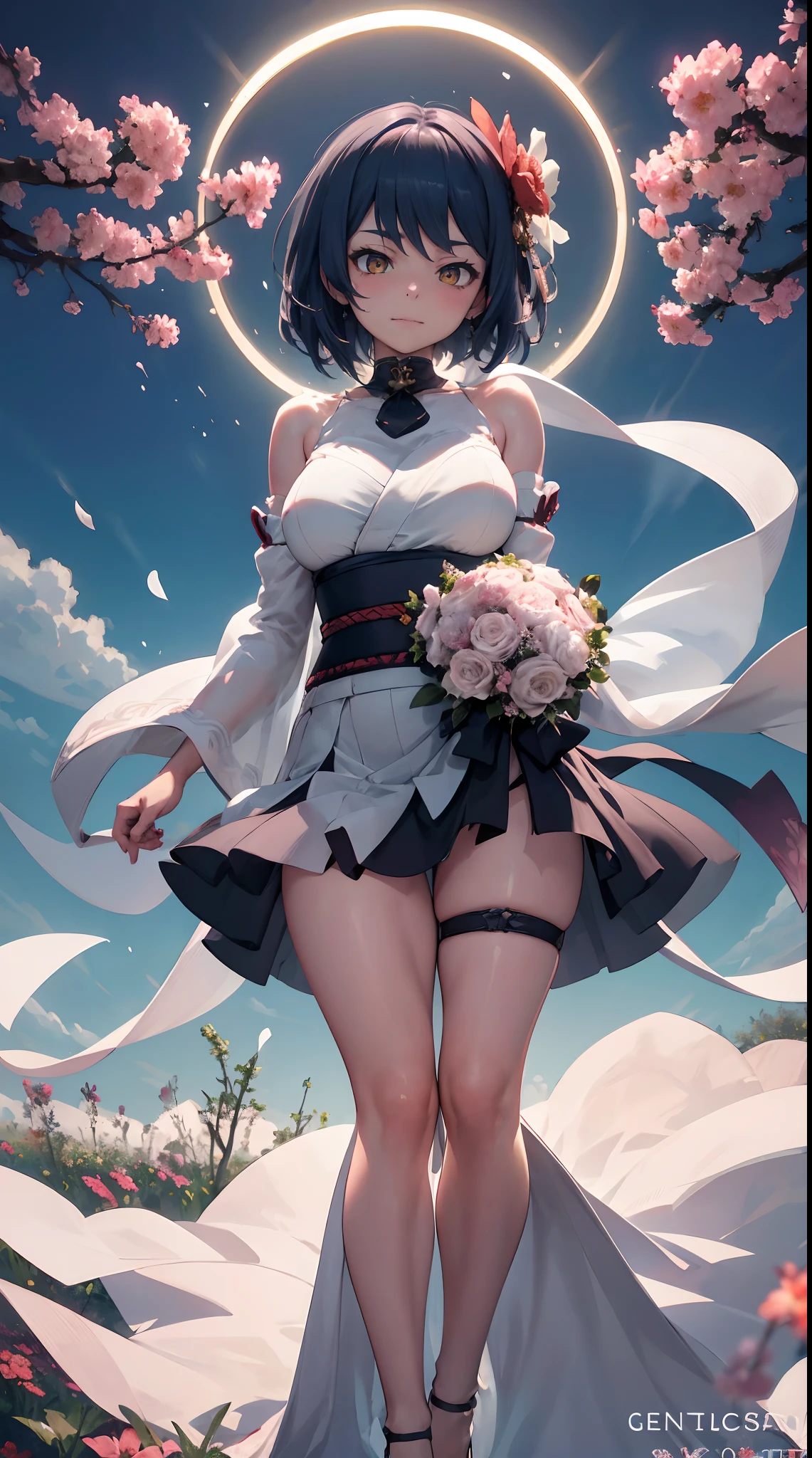 Kujou Sara | genshin impact, master-piece, bestquality, 1girls,25 years old, proportional body, proportional., Japanese Wedding Dresses, White Wedding Dress, Long skirt, Big skirt, wedding,bara, Standing in the middle of a flower garden, outdoor, wedding, The sky is beautiful, Both hands hold a bouquet of flowers..............................................................., View viewers from the front., Thigh strap, Head tilt, bored, 10, 10, HD, slight smile,
