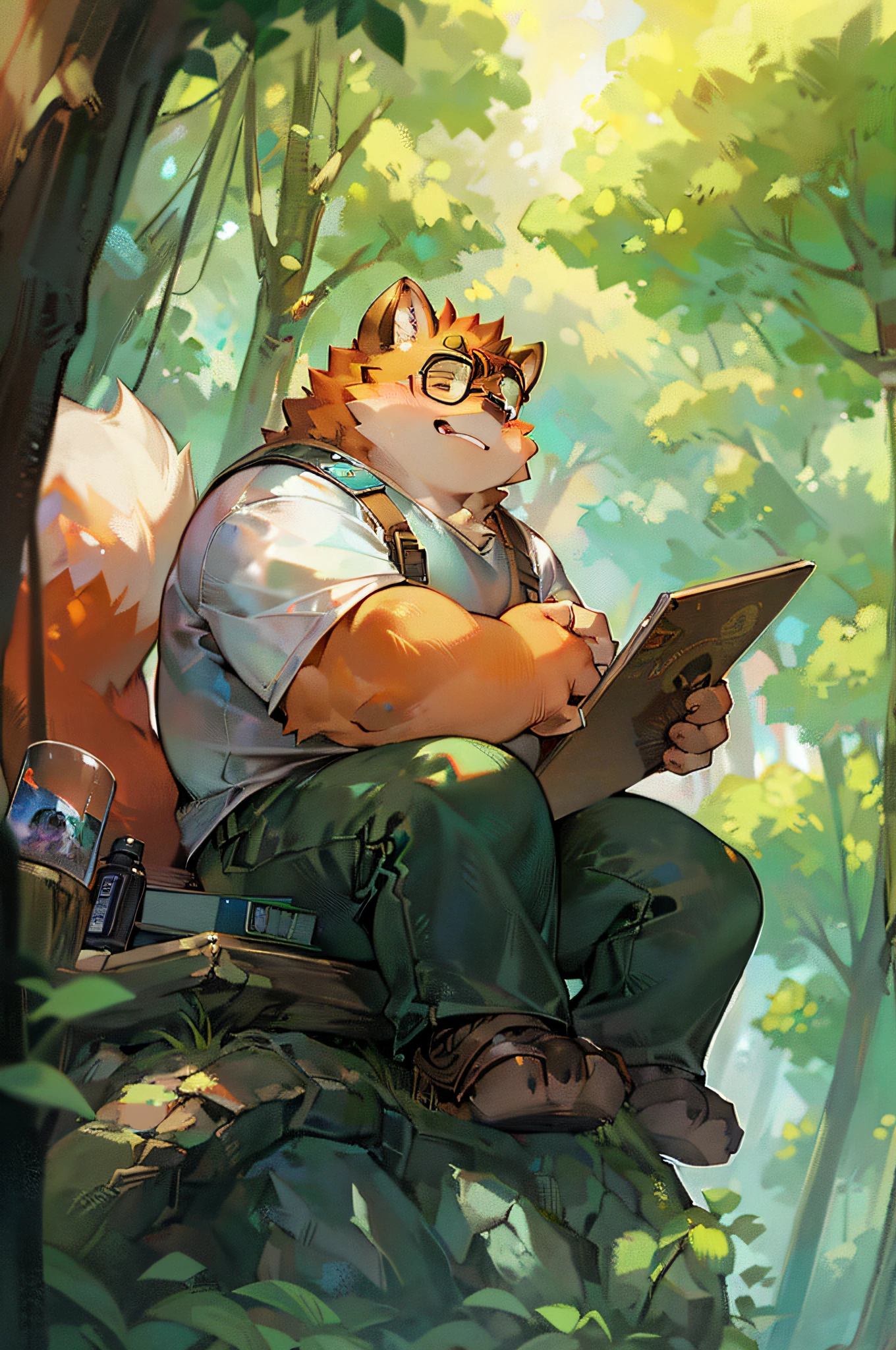 About 14 years old, Brown-haired male fox orc ranger, Chubby，Sitting on a stone in the forest，Record the forest，opening eyes，Work seriously，The expression was serious，Wears a pair of round-rimmed glasses