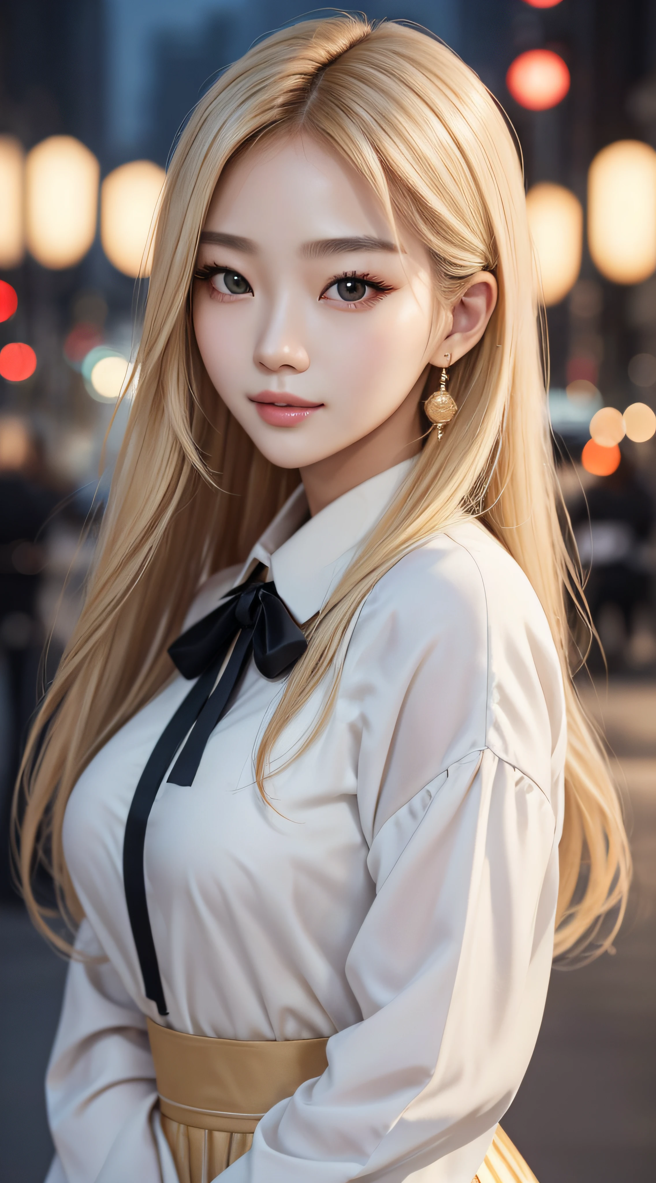 korean girl,beautiful detail eyes,beautiful detailed lips,very long blonde hair,Average Breasts, ,Gorgeous face,Sparkling eyes,cute facial features,Soft and lush hair,natural beauty,Flawless complexion,Delicate eyebrows,Korean Beauty Standards,Bright and rich colors,streetwear outfit,Chic Fashion Sense,Confident and charismatic posture,Cute and innocent smile,Charming personality,Exquisite make-up,Subtle Outline and Selection,Perfectly defined lips and eyebrows,Beautifully groomed nails,Fashion accessories,fine art photography,Soft and dreamy lighting,subtle shadows and highlights,Elegant and airy atmosphere,A touch of mystery and charm,Impeccable attention to detail,Редакционный стиль Haute Couture, Urban setting,Park & Skyscrapers,Evening City Lights,Creating a Stunning Visual Masterpiece, showcasing the timeless beauty of this Korean girl.