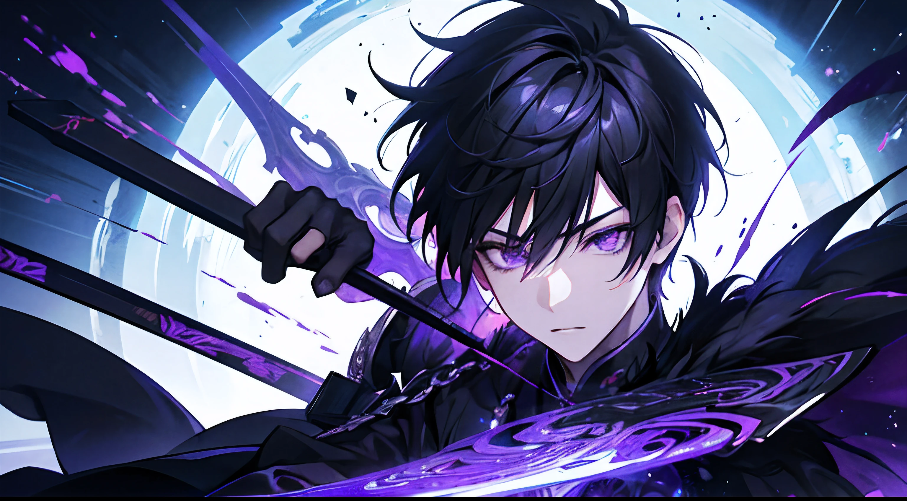 Asian Human, Male , 8k Quality ,fighting enourmous demon-like human with dark aura and purple eyes , weilding greatsword, wearing black iron armor, black hair anime, best quality