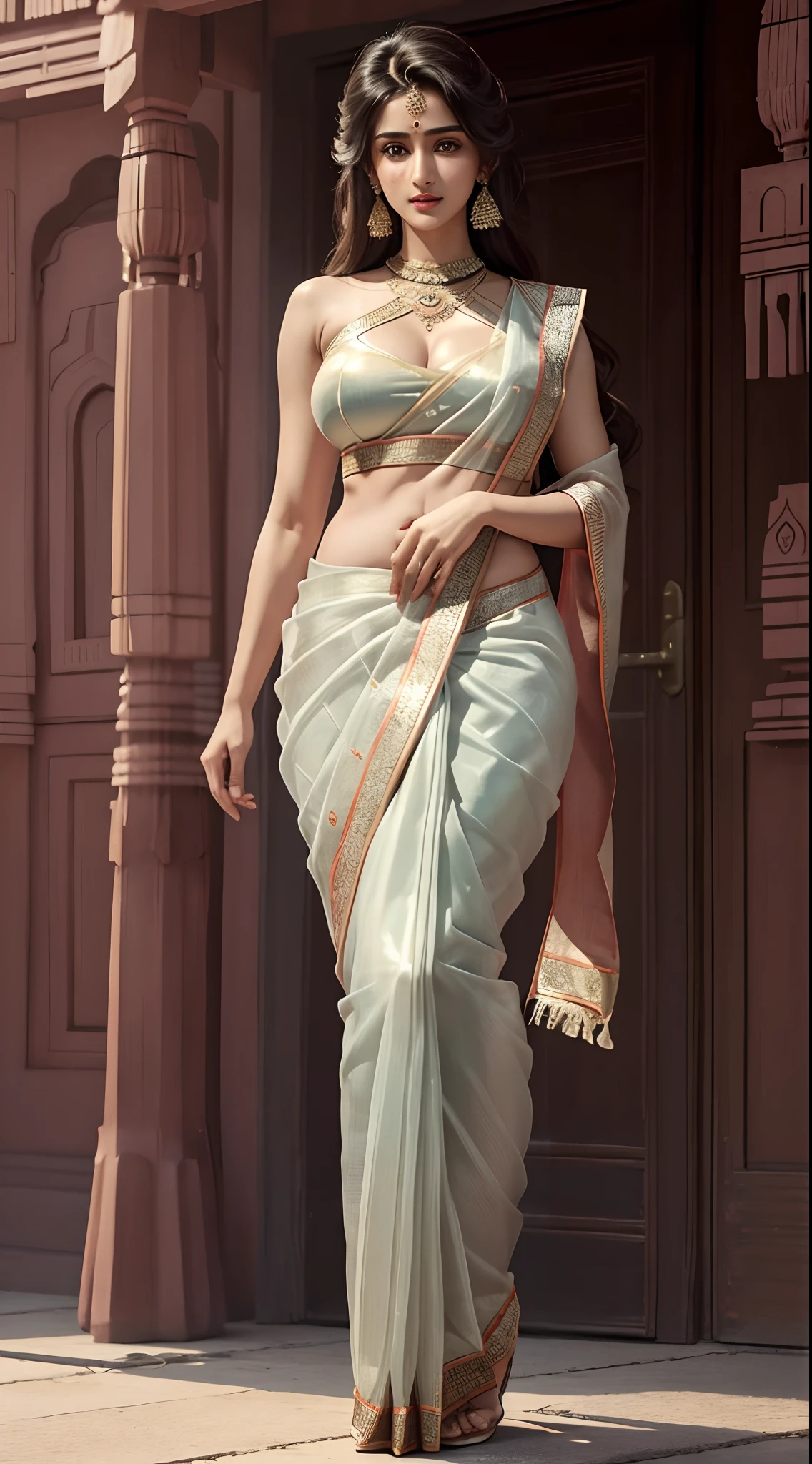 (full body shot:1.5), (Masterpiece:1.37), (Indian babe:1.5), (straight view, straight figure, wide angle pose, standing position:0.5), (inspired by disha patani), 1girl, solo girl, 18 year old girl, ultra realistic face, hyperrealistic, hyperdetailed, (looking at viewers:0.5), sharpen, detailed face, detailed eyes, detailed lips, red lips, beautiful face, 16k, FHD, UHD, raw photo, cute face mesh, pretty face mesh, girl in luxury office, beautiful hair style, tied hair, (fancy blouse, (beautiful Indian saree, fancy saree, ultra realistic saree, perfect saree, pleated saree, embroidery saree, perfect saree on perfect body fit), pleated palluu hold on hand), intricate, extremely detailed, (ball shape boobs, perky boobs, tight boobs, muscular perky boobs, close cleavage), (curvy hips), scattering surface, ultra realistic texture, smooth skin, realistic face, glow lip, glow face, very_high_resolution, perfect figure, beautiful curved body, fit body, (fancy high heel), fancy club hair ornament,(abs, muscular body, muscular shoulder, mascular neck), (white transparent goggles).,
