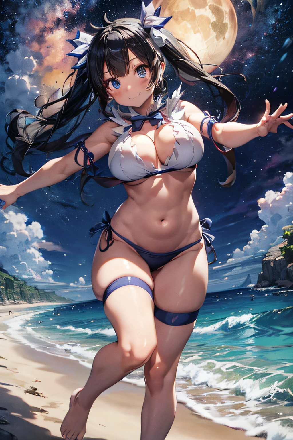 mksks style, masterpiece, best quality, long eyelashes, eyeliner, eye shadow, mascara, colorful, pink lips, deep skin, full body photo, curvy, hestia (danmachi), 1girl, breasts, solo, long hair, blue ribbon , twintails, ribbon, medium large breasts, blue eyes, black hair, black micro bikini, smile, hair ribbon, bow, bangs, blush, hair ornament, very long hair, arm ribbon, glowing skin, on the beach, focus on legs, ((muscular legs)), ((muscular belly)), (((slim waist))), ((looking down)), wearing black thong, ((looking at me)), barefoot