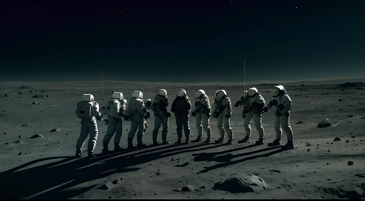 A group of people in spacesuits on the barren lunar surface，The background is pitch black