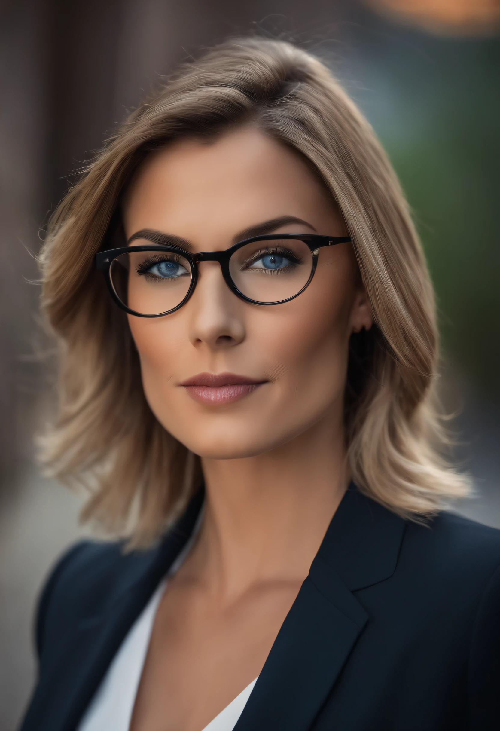 1 businesswomen , straight hair, short hair, blues eyes, business suit, glasses, 24 years