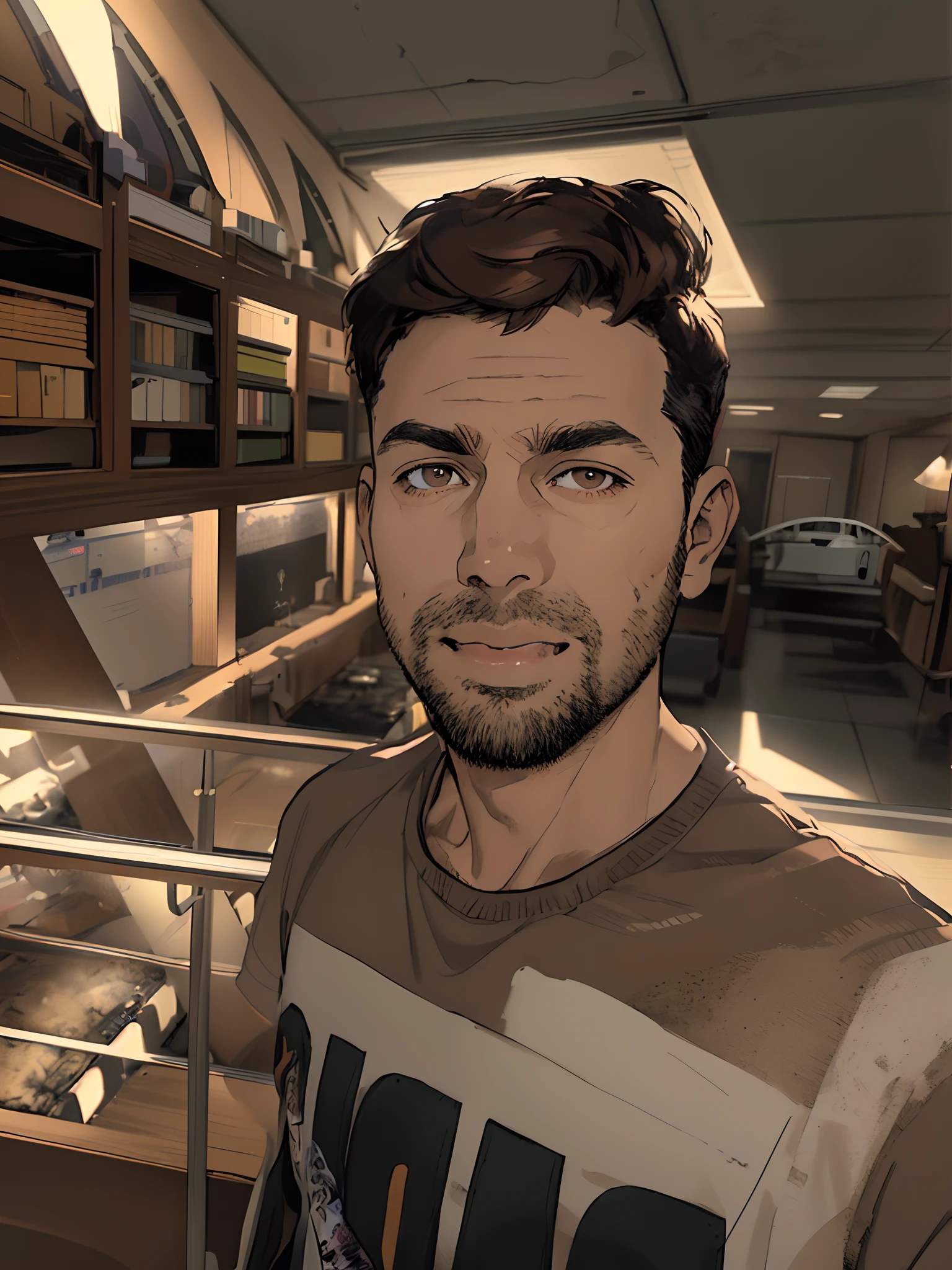 Jonathan, in his late thirties, with short dark brown hair and brown eyes, is seated in the investigation room, his face a mix of fear and confusion. He wears a plain white blouse and black pants, and is rendered in a detailed, stylized Ligne Claire Anime comic book style.