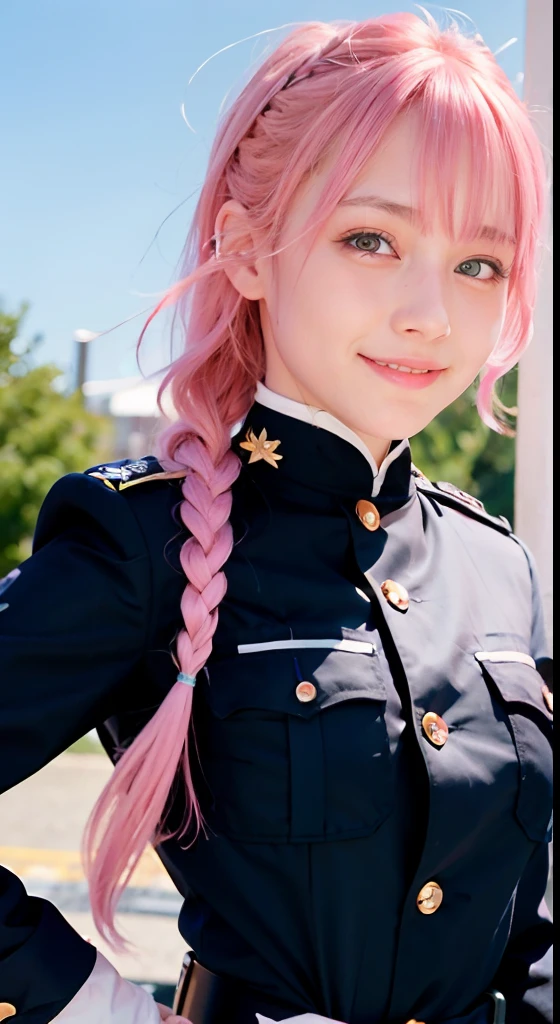 (ultra-detailliert), police uniform with、Blue eyes,The upper part of the body、cowboy shot、faces、(A smile:1.5),(facing front:1.2), sixteen years old, teens girl,no tail,(no tail),2D, masterpiece, top-quality, animesque, A detailed eye, A detailed face, girl with, Only 1 person,Medium hair with pink hair, (Pink hair), Ear Hair, small tits, Single braid, (Single braid), (Side braid), Background bokeh
