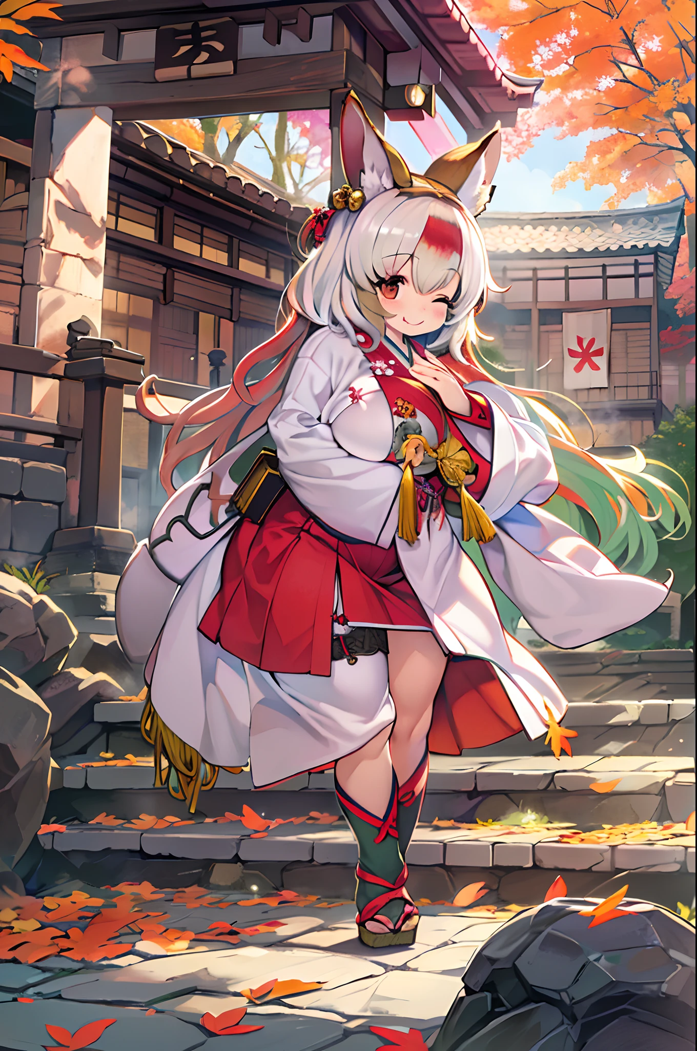 Fox Woman、body covered with fur、huge-breasted、kawaii、shrine maiden、Japan white clothes,Red Hakama、temple,((Oblique angle))、{{close up to face}}、one eye closed、winking、A big smile、bbw、thick thight、big butts、Ultramammy,Chibi,Nanachi, autumn day,kaede、 Pines, Anime Background Art, japanese art style, beautiful anime scene, detailed scenery - width 672, Background art, Anime landscapes, Anime Background, Beautiful anime scenery, Beautiful peace scenes in anime, landscape artwork, Japan Village, Anime landscape concept art, 8K))、a lot of fallen leaves、Water twinkle、Springs in the mountains、Main shrine