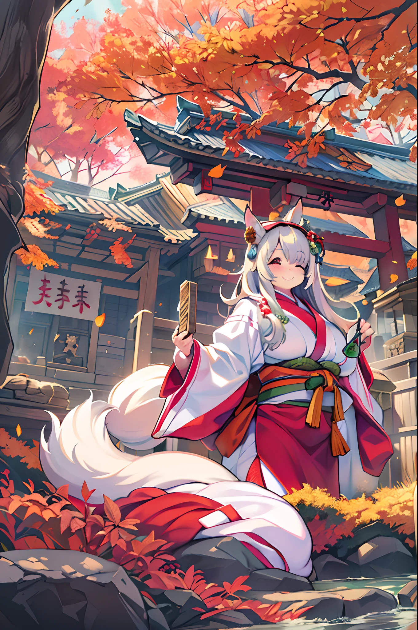 Fox Woman、body covered with fur、huge-breasted、kawaii、shrine maiden、Japan white clothes,Red Hakama、temple,((Oblique angle))、{{close up to face}}、one eye closed、winking、A big smile、bbw、thick thight、big butts、Ultramammy,Chibi,Nanachi, autumn day,kaede、 Pines, Anime Background Art, japanese art style, beautiful anime scene, detailed scenery - width 672, Background art, Anime landscapes, Anime Background, Beautiful anime scenery, Beautiful peace scenes in anime, landscape artwork, Japan Village, Anime landscape concept art, 8K))、a lot of fallen leaves、Water twinkle、Springs in the mountains、Main shrine