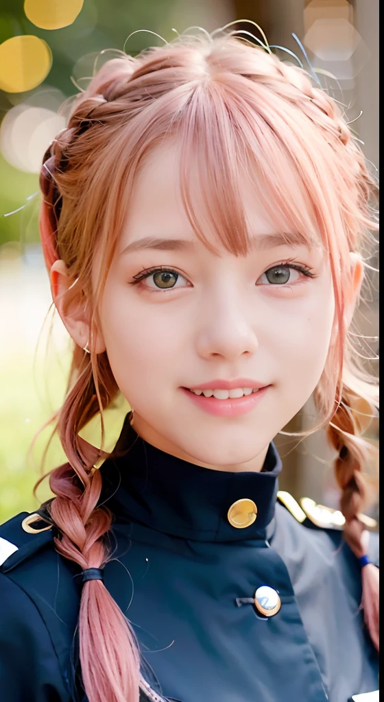 (ultra-detailliert), police uniform with、Blue eyes,full body Esbian、faces、(A smile:1.5),(facing front:1.2), sixteen years old, teens girl,no tail,(no tail),2D, ​masterpiece, top-quality, animesque, A detailed eye, A detailed face, girl with, Only 1 person,Medium hair with pink hair, (Pink hair),  Ear Hair, small tits, Single braid, (Single braid), (Side braid), Background bokeh