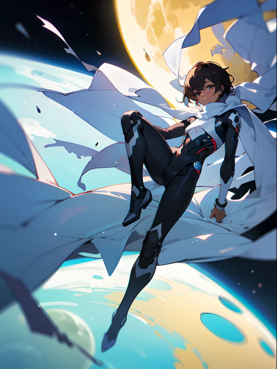 Masterpiece, highres, High quality, Dark skin teen, male, slightly buff, medium dark brown hair hair, big innocent eye's, wearing a black full body exosuit, six  white long torn scarf, hooded white cloaks, floating on the moon,  floating, looking at planet earth, White wrist guards, dramatic sho, close up