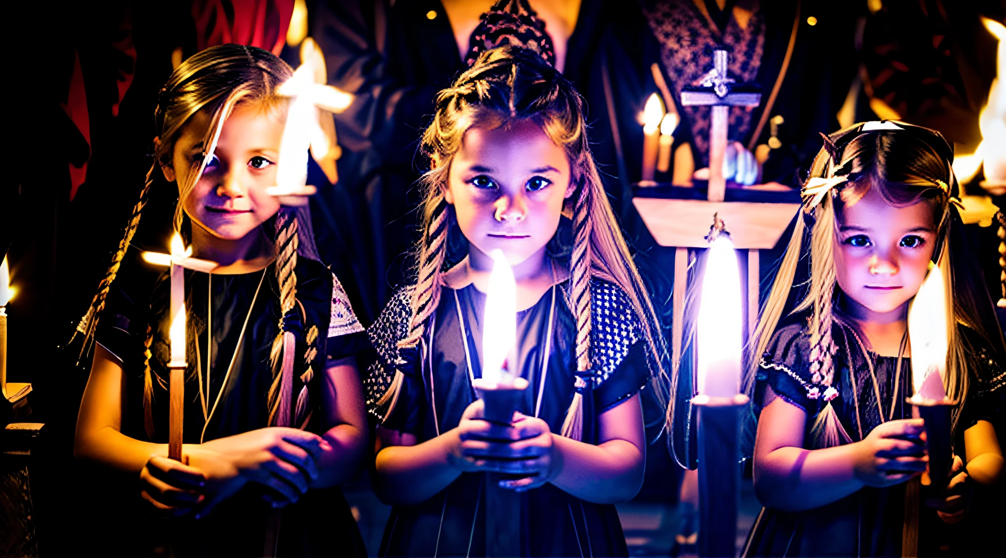 Three blonde girls children in braids holding torches in front of a blue background, AND CROSSES ON HANDS AND CLOTHES, 3 sisters look into the mirror, color studio portrait, meninas jovens, in a row, simetria!! retrato, childrens, profissionalmente retocado, beautiful highly symmetric faces, childrens, Directed by: Jan Rustem, pintado digitalmente, identical picture, symmetrical centered portrait, twins, photo illustration, Clones