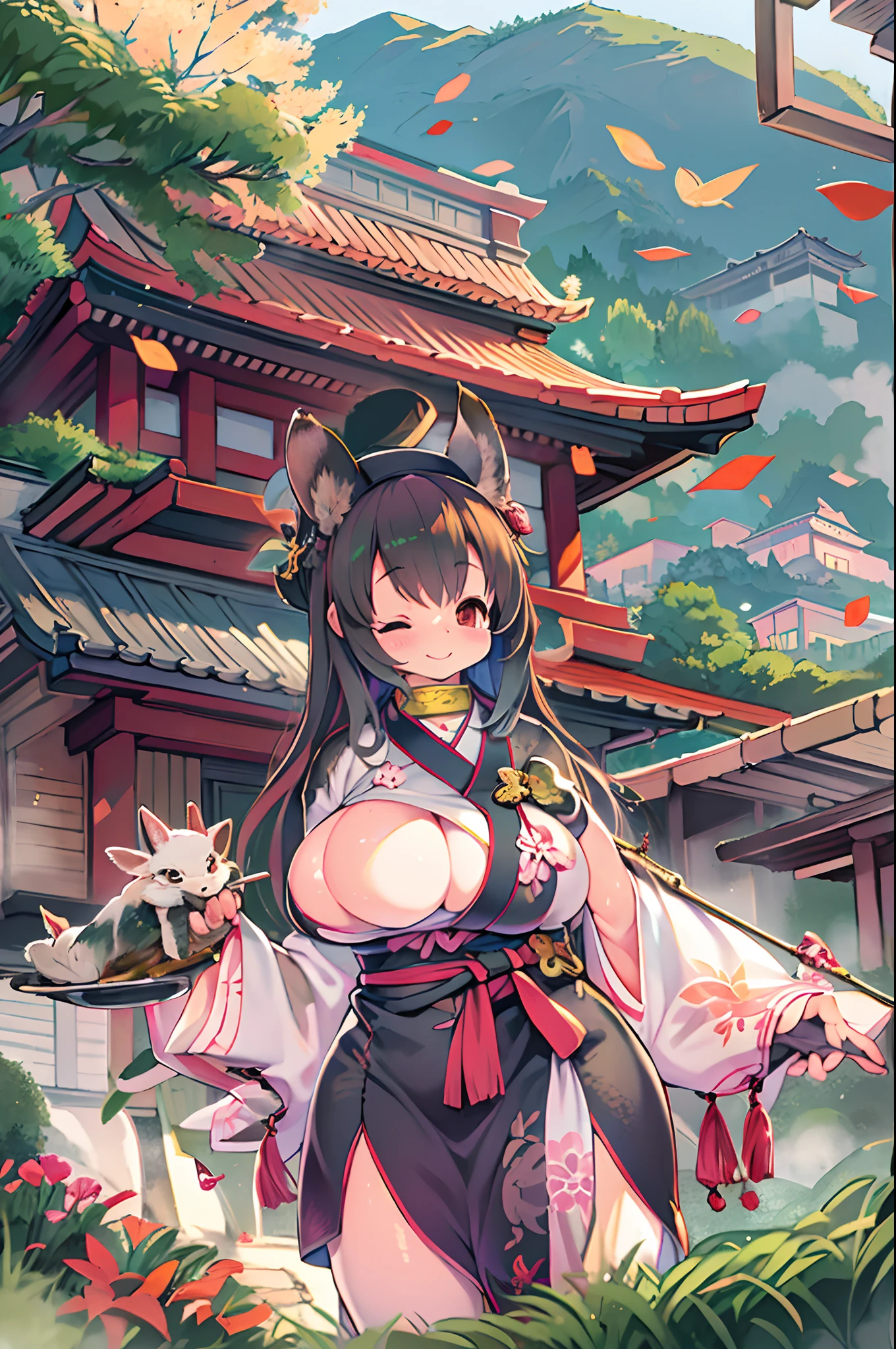 Fox Woman、body covered with fur、huge-breasted、kawaii、Buddhist nun、temple,((Oblique angle))、{{close up to face}}、one eye closed、winking、A big smile、bbw、thick thight、big butts、Ultramammy,Chibi,Nanachi, autumn day,kaede、 Pines, Anime Background Art, japanese art style, beautiful anime scene, detailed scenery - width 672, Background art, Anime landscapes, Anime Background, Beautiful anime scenery, Beautiful peace scenes in anime, landscape artwork, Japan Village, Anime landscape concept art, 8K))、a lot of fallen leaves、Water twinkle、Springs in the mountains、Main shrine