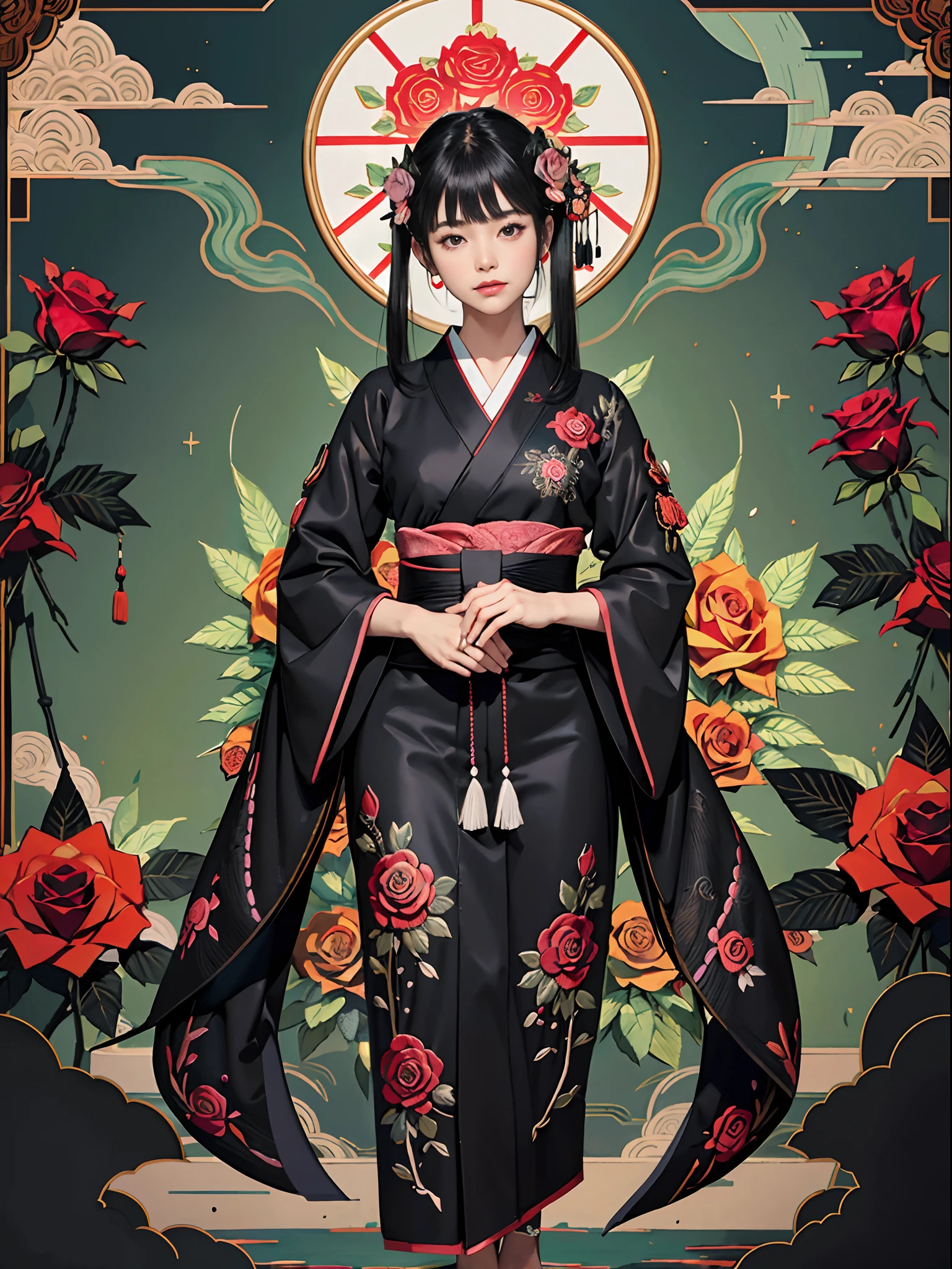 rokoko:1.5,Background of details(Japanese garden(rose garden:1.2)),BREAK ,elaborate costume(Luxury kimono(Black kimono(detailed embroidery(Black rose embroidery:1.2)))),BREAK,1 Beautiful and classy adult woman(Japanese actressl:1.2)(shinny hair(A black,verdant),(poneyTail:1.2))(Arms outstretched),BREAK,Wallpapers 16K,Blur the background,(masutepiece:1.5), (Best Quality:1.5),(Portrait photos:1.5),(full body Esbian:1.5)