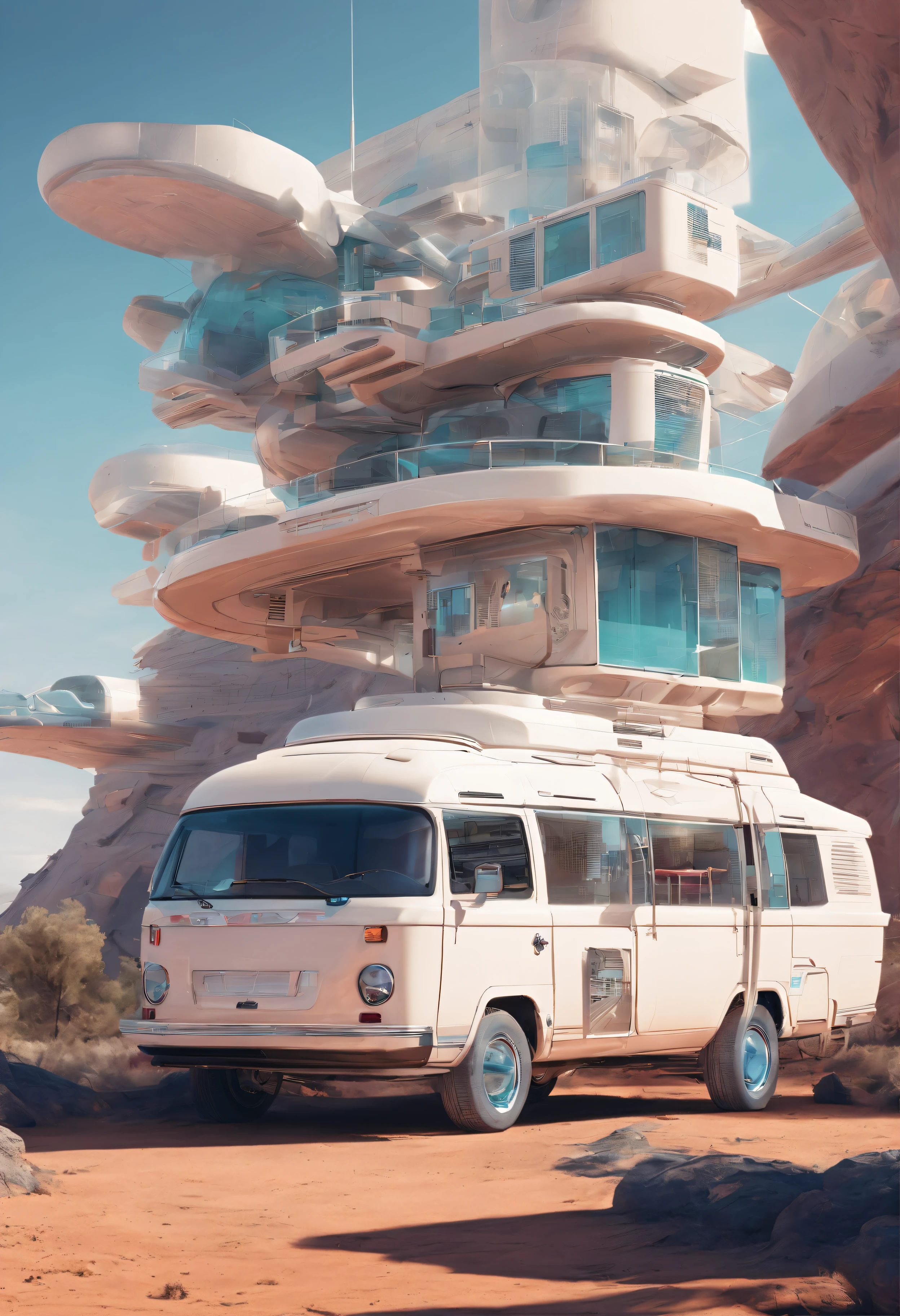 (A campervan,Stacked house on top), Transparent buildings on the moon, full building, capsule hotel, Unique architecture!, dystopian city apartment, Stacked houses, fully built buildings, fancy apartment, Single building