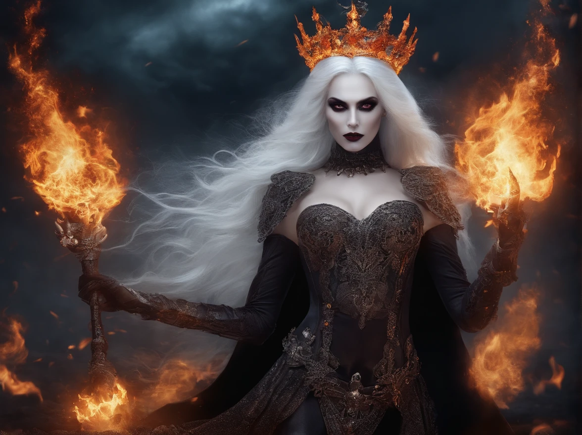 Masterpiece, Best quality, Masterpiece, (1 girl), (Lady Death), Evil witch, dark energy, hell and fire background, white eyes, pale skin, Very evil, Dark magic, negative energy, clothing adorned with miniature skulls , white-silver long hair,