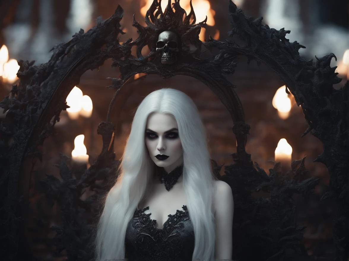 Masterpiece, Best quality, Masterpiece, (1 girl), (Lady Death), Evil witch, dark energy, hell and fire background, white eyes, pale skin, Very evil, Dark magic, negative energy, clothing adorned with miniature skulls , white-silver long hair,