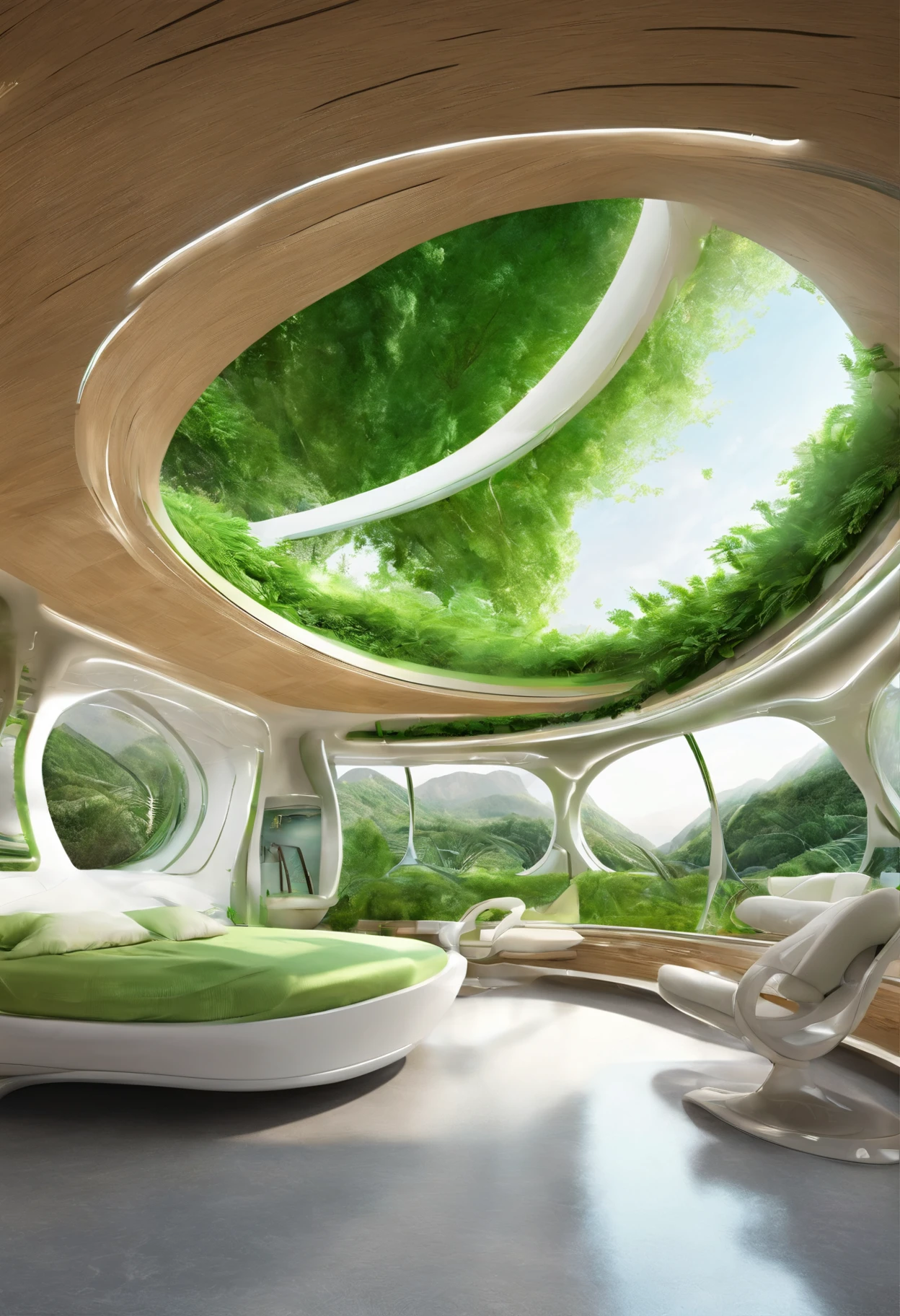 （There are a lot of trees on the spiral campervan）,  vincent callebaut composition, green architecture, futuritic high tech architecture,twist