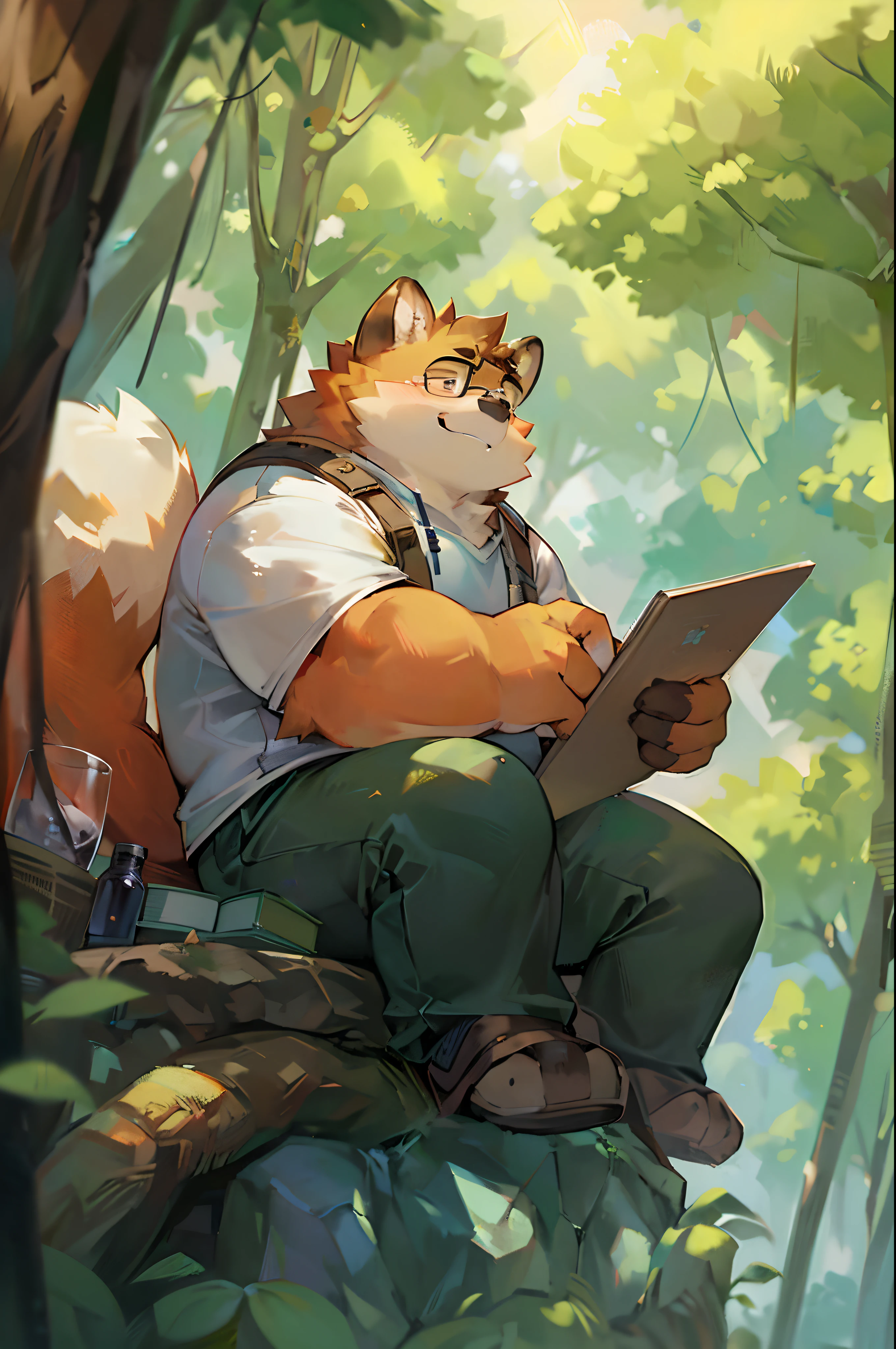 About , Brown-haired male fox orc ranger, Chubby，Sitting on a stone in the forest，Record the forest，opening eyes，Work seriously，Wears a pair of round-rimmed glasses