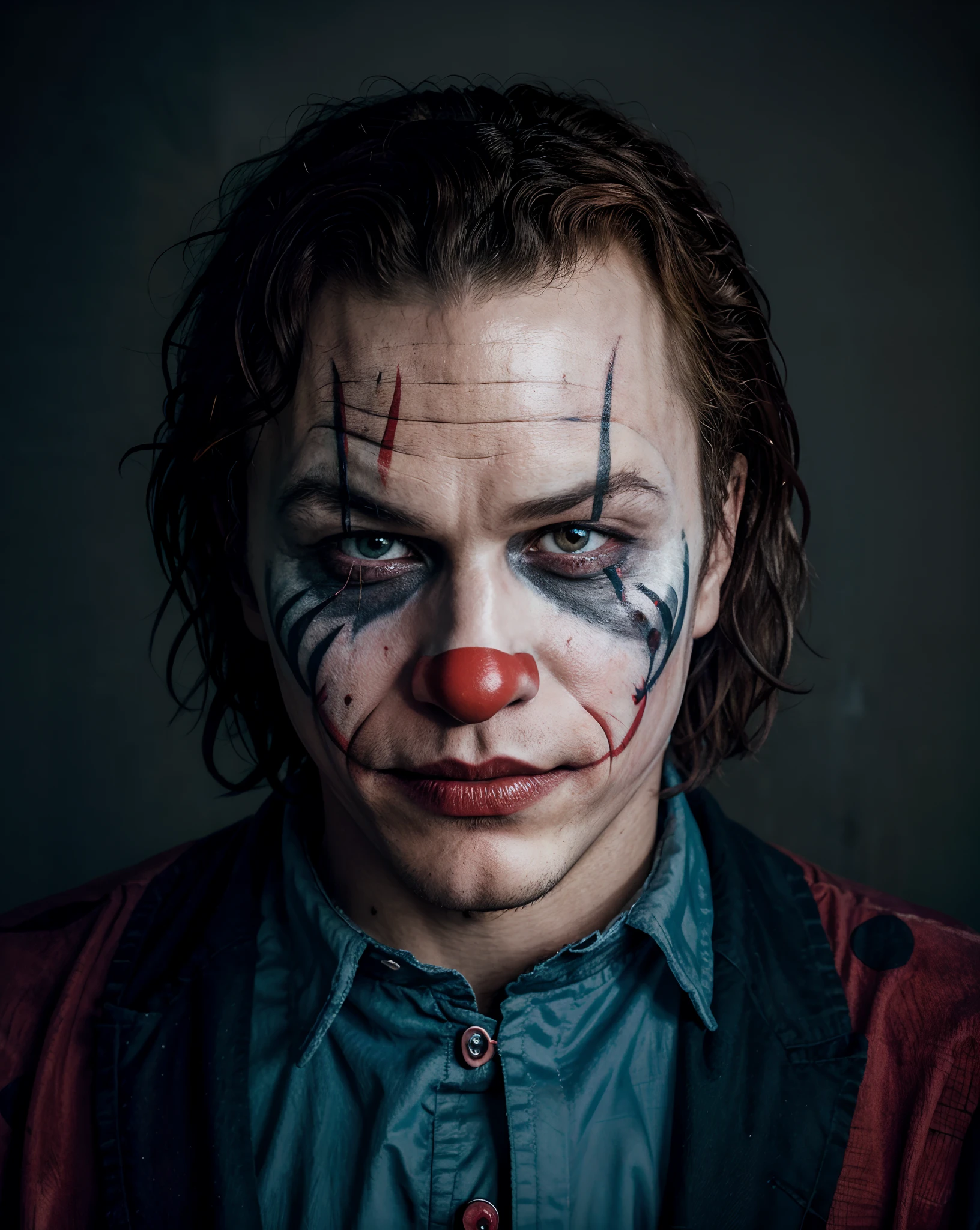 heath ledger as the joker, (with clown face makeup:1.2), sadistic, dark fantasy, profile photo, cowboy shot angle, dynamic pose, inspired style by Annie Leibovitz