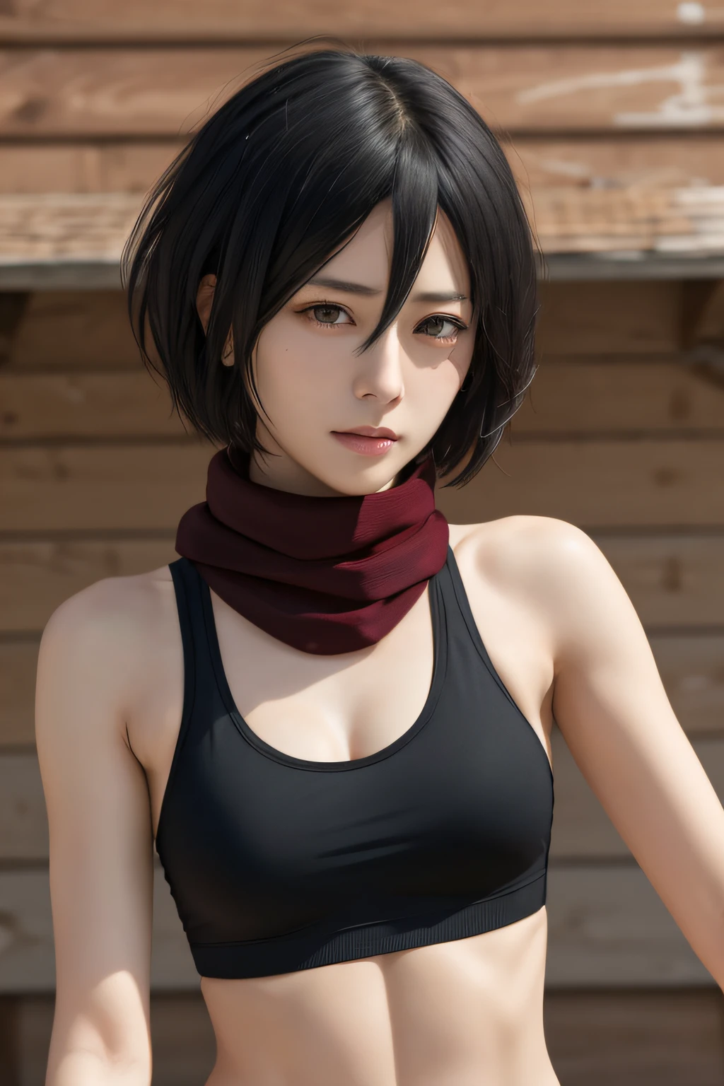 Master Parts, Best Quality, Haute, hmmikasa, Short hair, Black eyes, Black Sports Bra, Swimwear Scarf, Mare