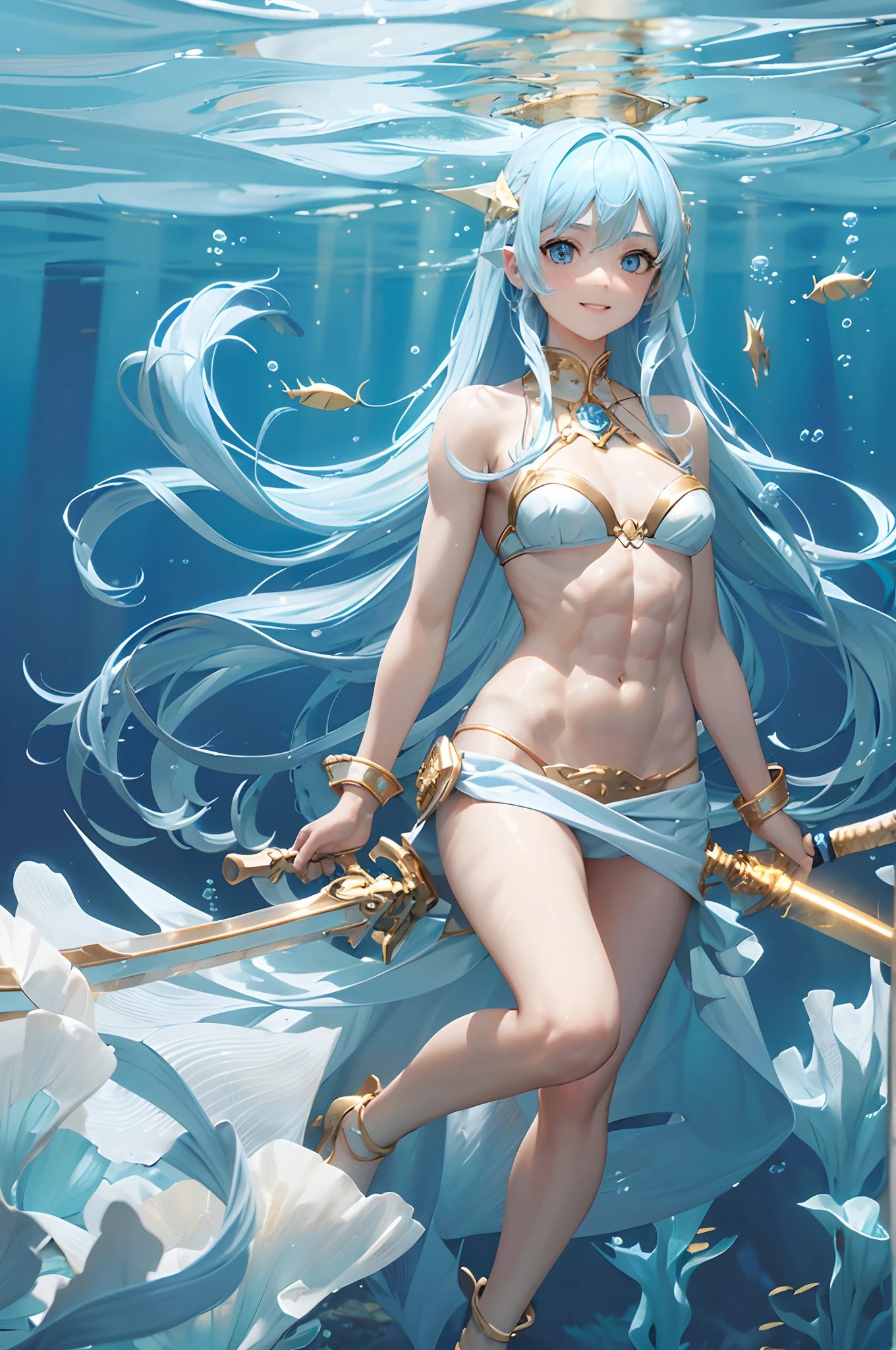 masterpiece, highest quality, 1girl, (light blue hair:1.4), long hair, straight hair, white bikini, (abs:1.4), blue eyes, grin, skinny, white long skirt, small breasts, (underwater:1.5), (gold sword:1.4)