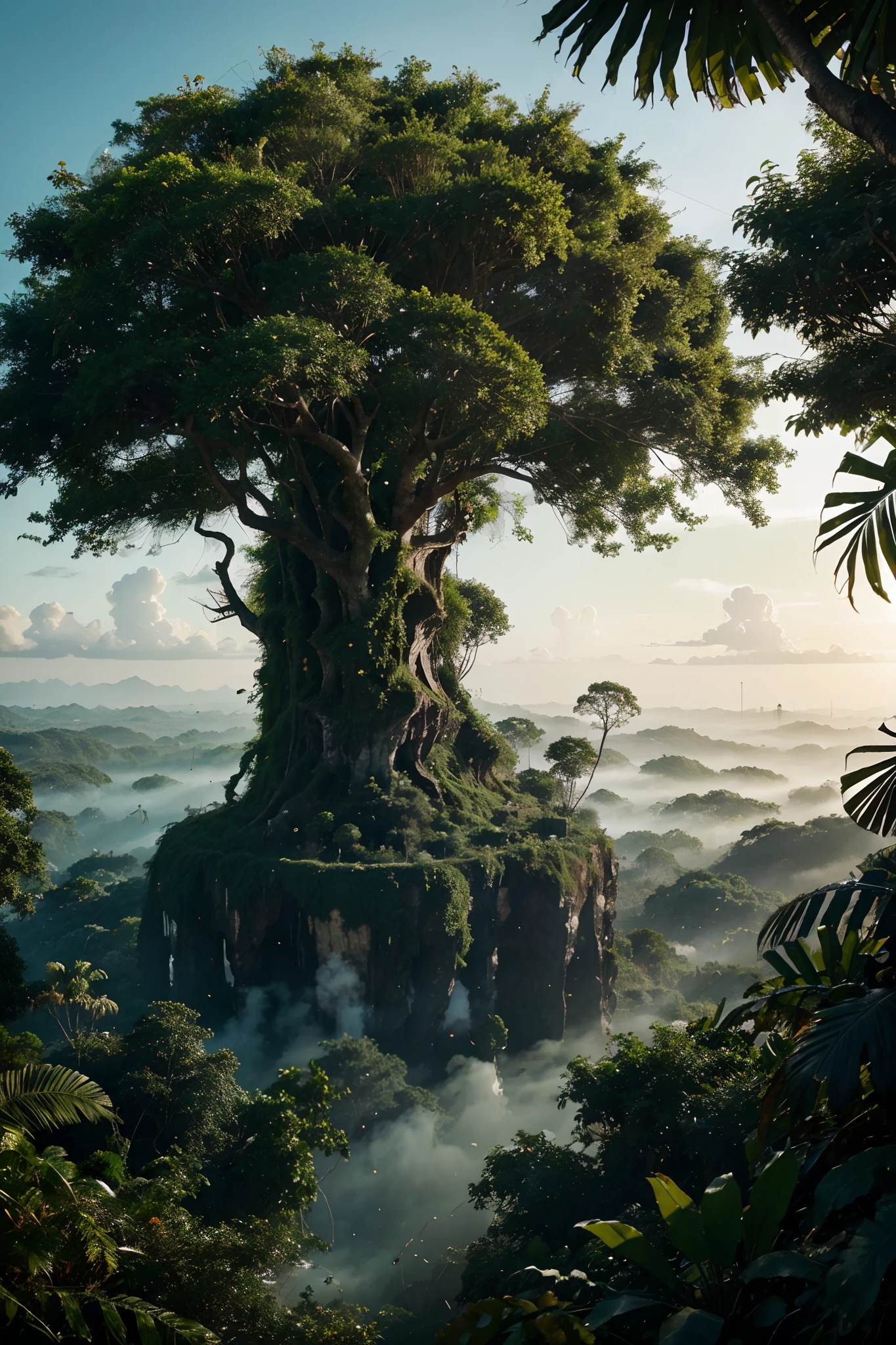 Create a fantasy dense jungle scene, shot from the top of a tree