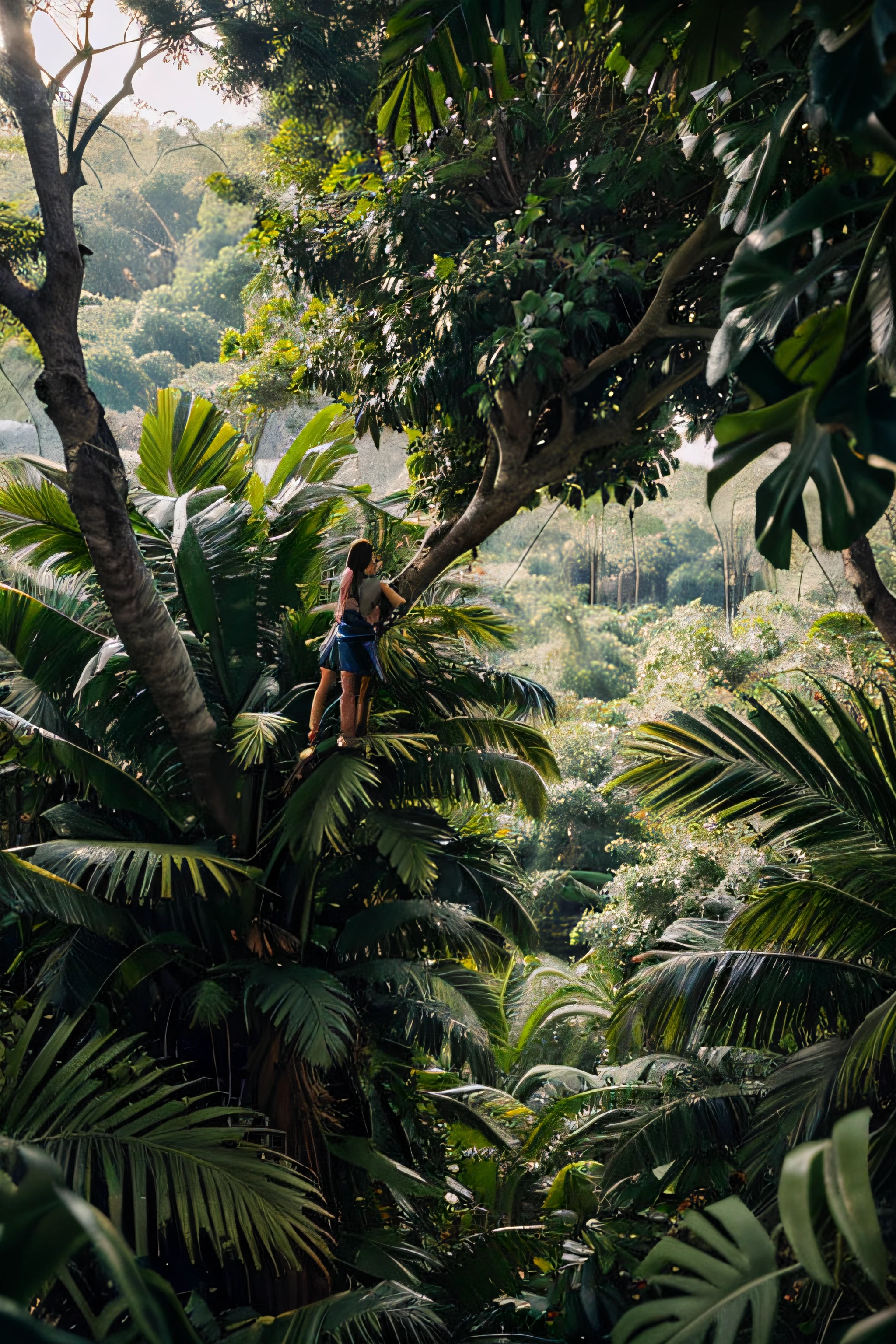 Create a dense jungle scene, shot from the top of a tree