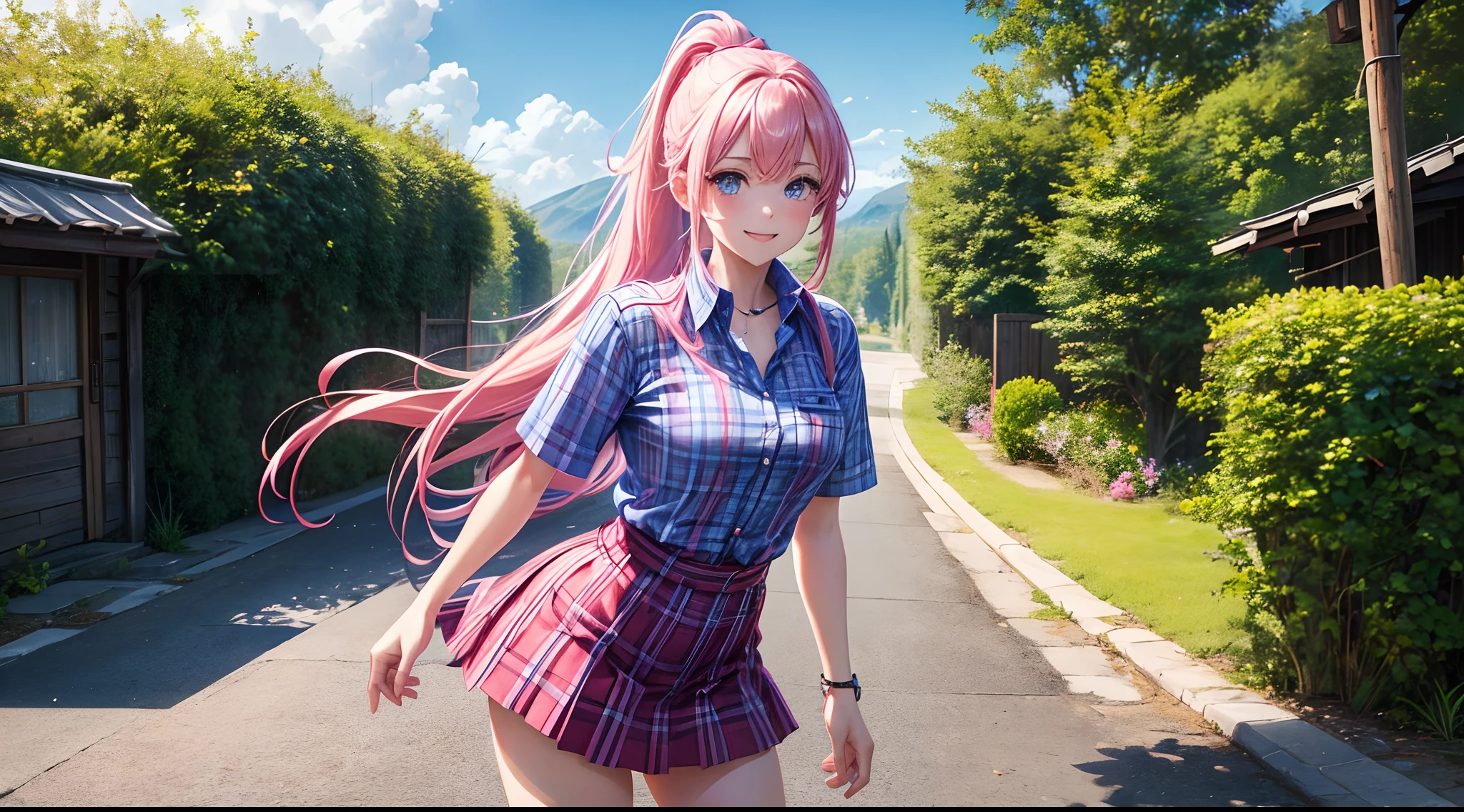 1girl, solo, full body, landscape, village, long hair, pink hair, ponytail, large breasts, button down, pink bra, cleavage, dark blue eyes, ((sky blue shirt)), ((checked shirt)), ((short sleeved shirt)), sport shoes, red checked mini skirt, smile, looking at the viewer, yellow hairclip, blinding bangs, standing