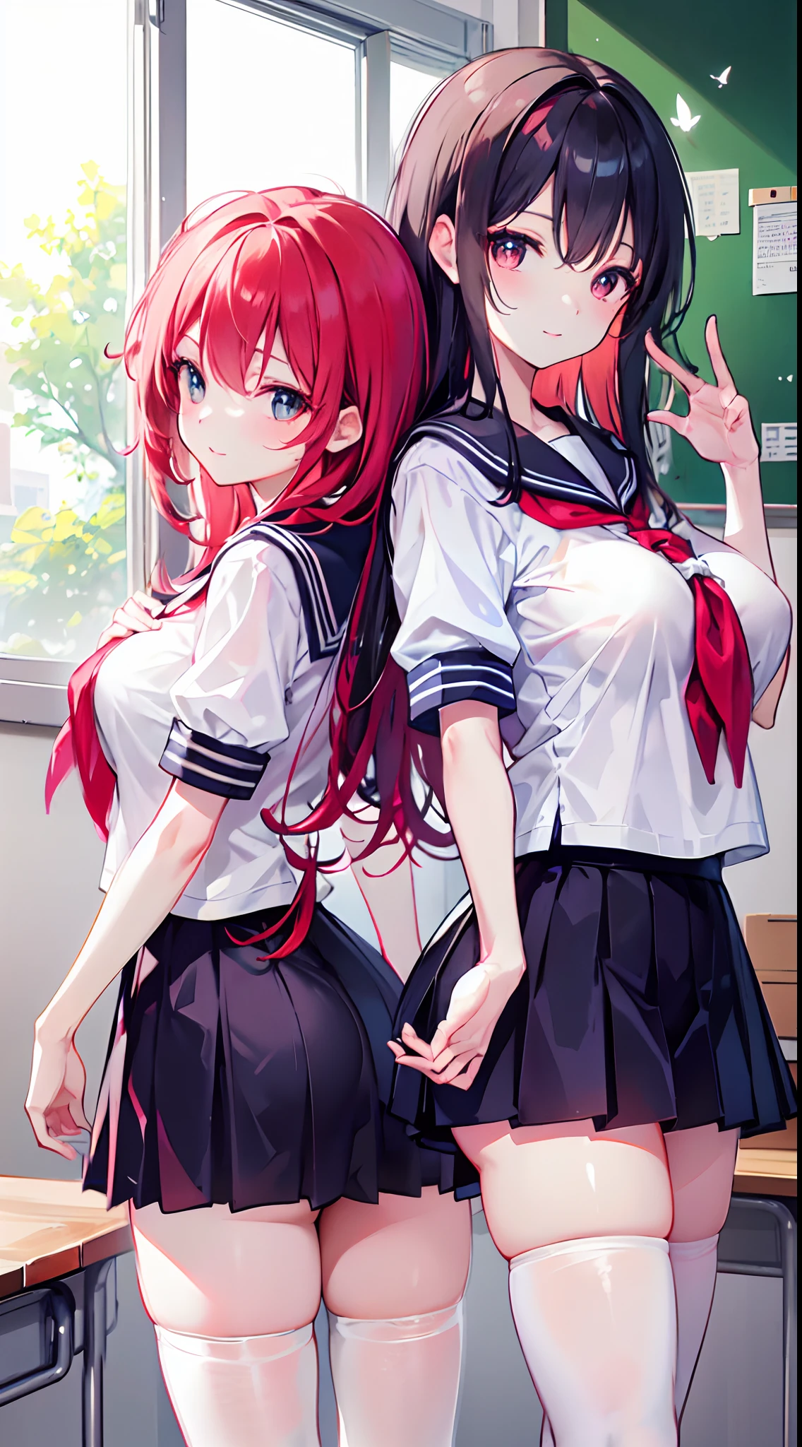 Long light red hair to the waist,dishiveredhair,red color eyes,Loving pupils,Sailor uniform school uniform,Big breasts ,girl,Beautiful long hair,Hide your hands behind your back,Chest,Keep the front and back feet apart,A smile that makes people feel incomprehensible,In the two-dimensional classroom,Japanese-style classroom,white stockings,and the sun was shining brightly,Butterfly floral fragrance