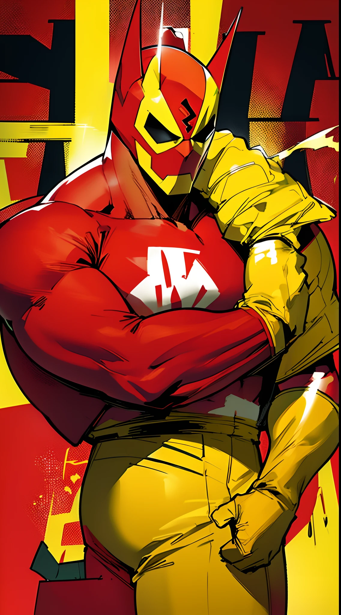 El Chapulin Colorado, Mexican man, tall, muscular, tan skin, sharp jawline, red superhero suit, yellow designs on suit, yellow shorts, yellow gloves, yellow sneakers, red powerful hammer, superhero mask, red antennas on mask, anime art style, Best quality, 8k, Masterpiece, realistic, anime style, Mexico City background